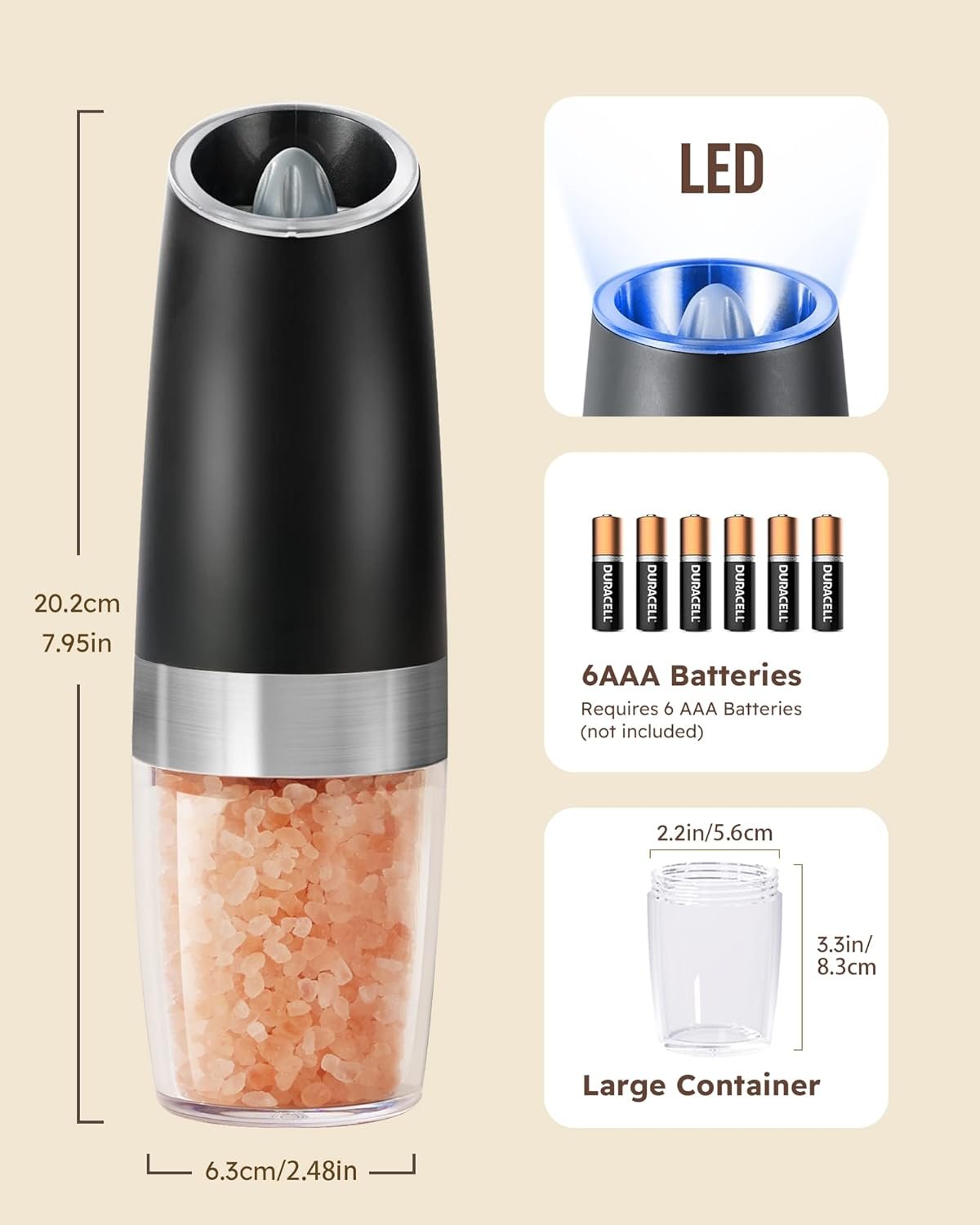 Sangcon Gravity Electric Salt and Pepper Grinder Set Automatic Shakers Mill Grinder with LED Light, Battery Powered Adjustable Coarseness One Hand Operation, Upgraded Larger Capacity - Image 8