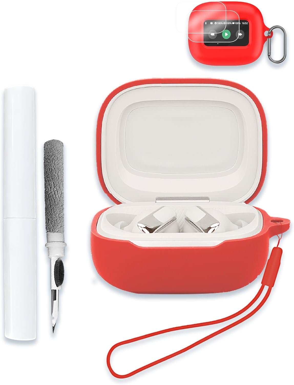 Case for JBL Live Beam 3 Earbuds, Soft Silicone Protective Portable Scratch Shock Resistant Compatible with Shell with Cleaner Kit & Carabiner & Lanyard,Red - Image 2