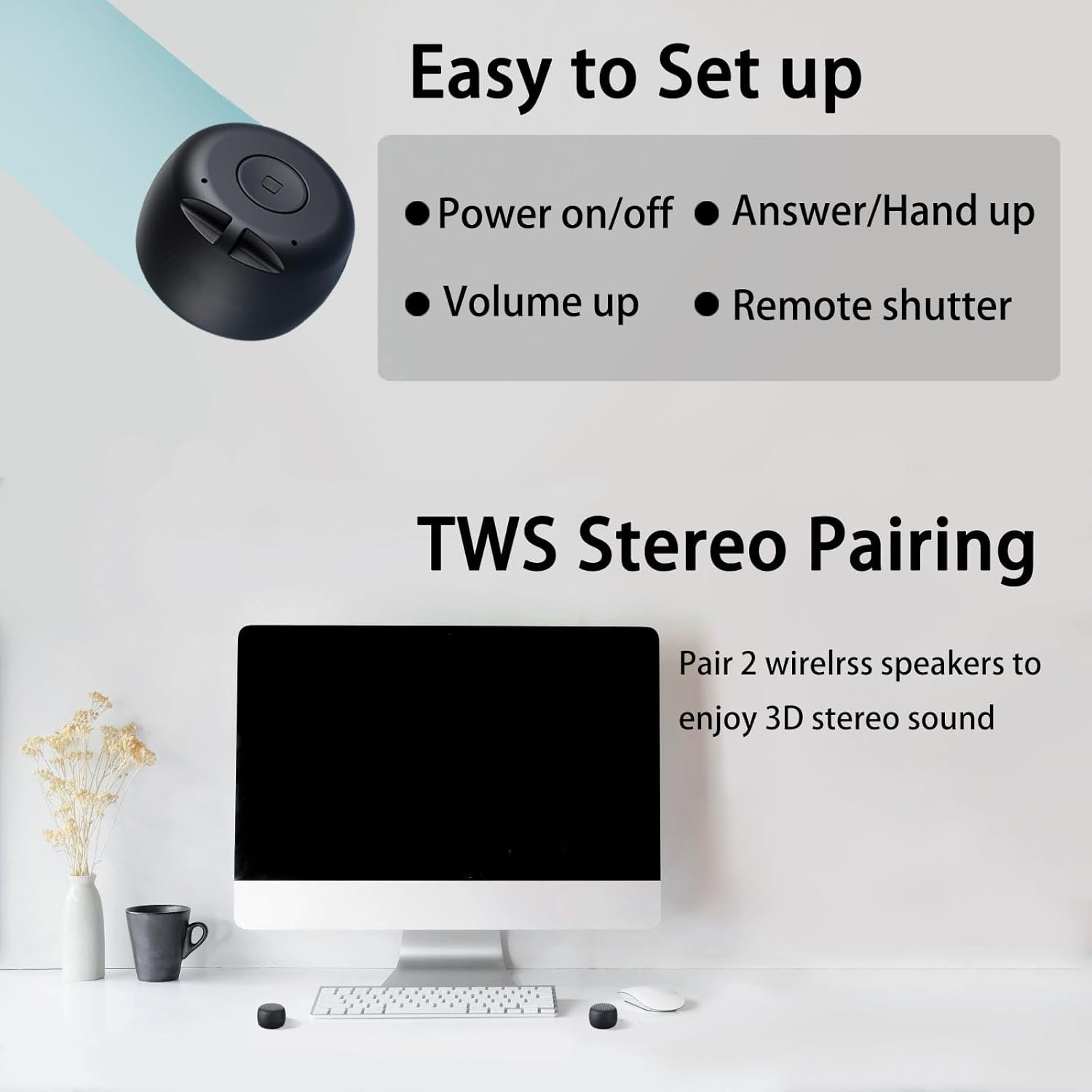 Tiny Speaker Smallest Mini Bluetooth Speakers Wireless with Remote Shutter, Hands-Free Call, Built-in Mic, TWS, Black Little Portable Speaker Plays Podcasts in Hike, Ruck, Biking, Gifts - Image 6