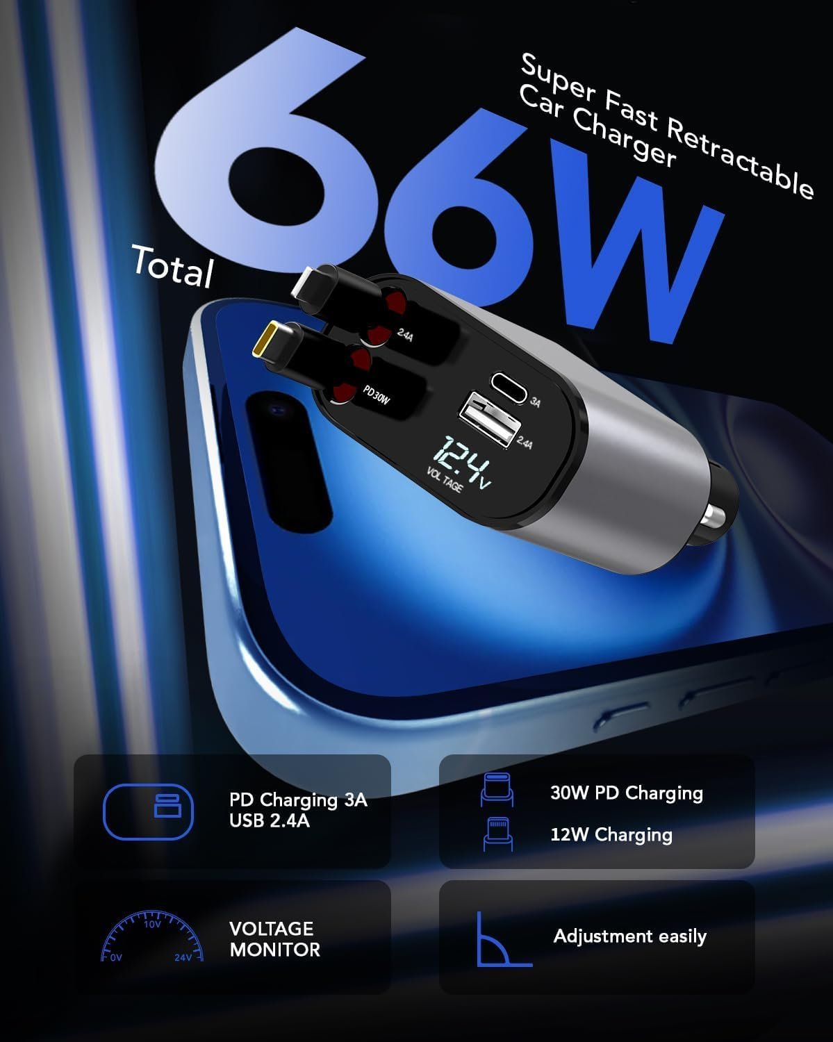 Retractable Car Charger, 4 in 1 Fast Car Phone Charger 66W, 2 Retractable Cables and USB Car Charger, Compatible with iPhone 16/15/14/13/12/11,Galaxy,Pixel - Image 4