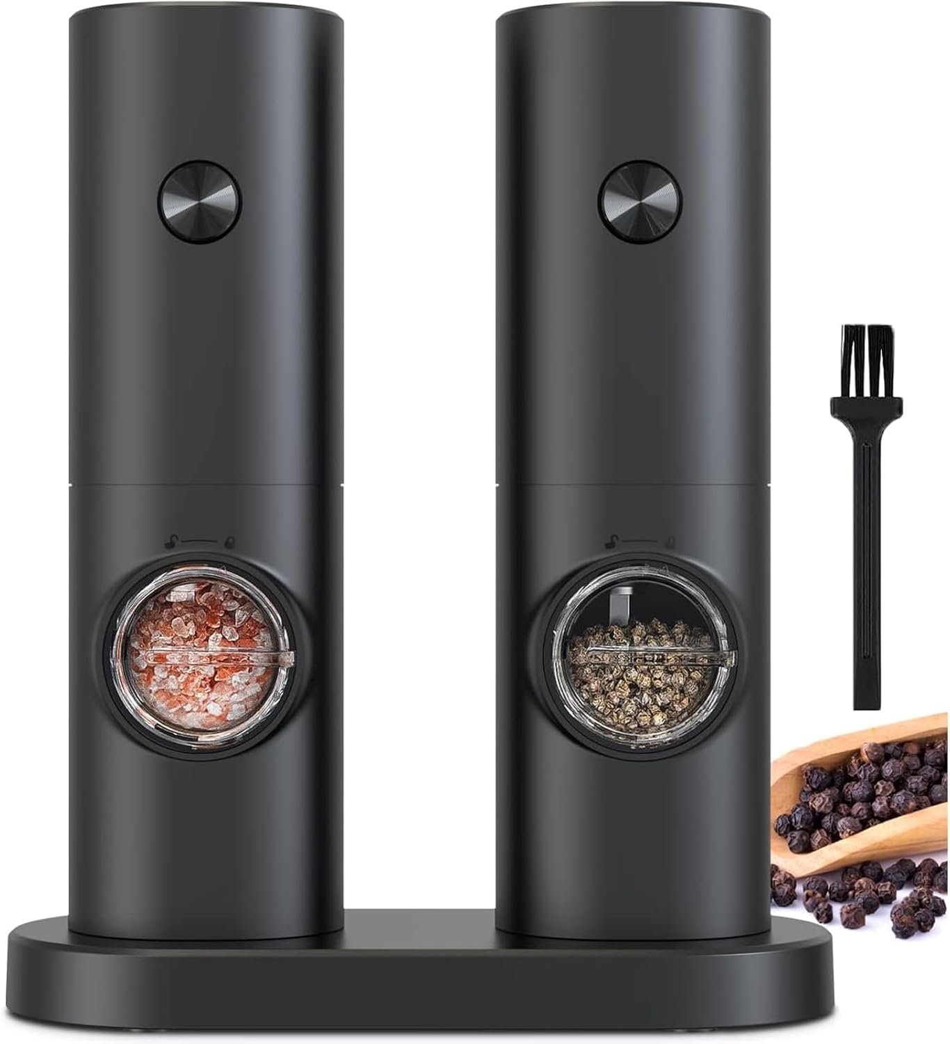 COKUNST Electric Pepper and Salt Grinder Set, Battery Powered Adjustable 5 Levels of Coarseness Black Pepper Grinder Mill with Stand, Automatic Grinding with LED Light for BBQ Resturant Kitchen-2 Pack - Image 2