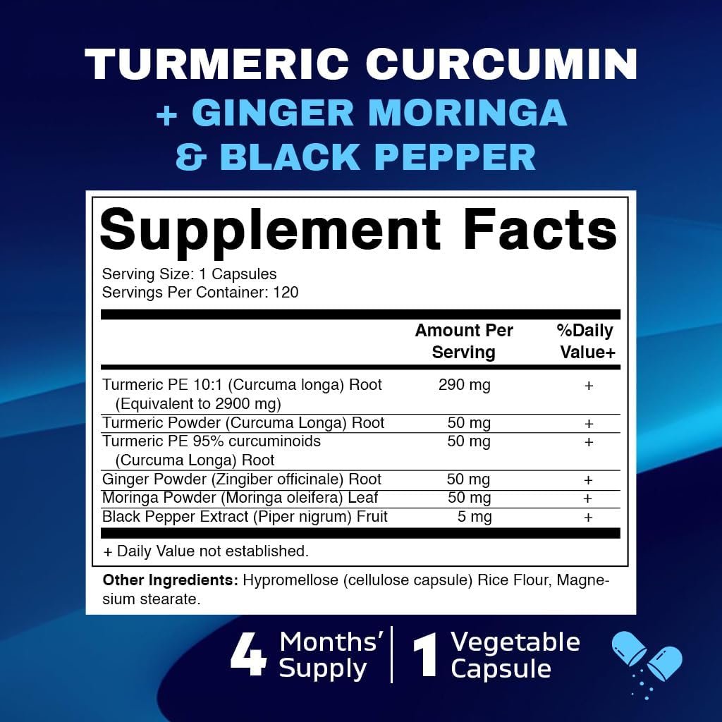 Vitamatic Turmeric Curcumin 3000mg, 95% Curcuminoids, Black Pepper, Ginger, Moringa, 120 Vegetable Capsules, Non-GMO, Gluten Free (120 Capsules) - Image 3