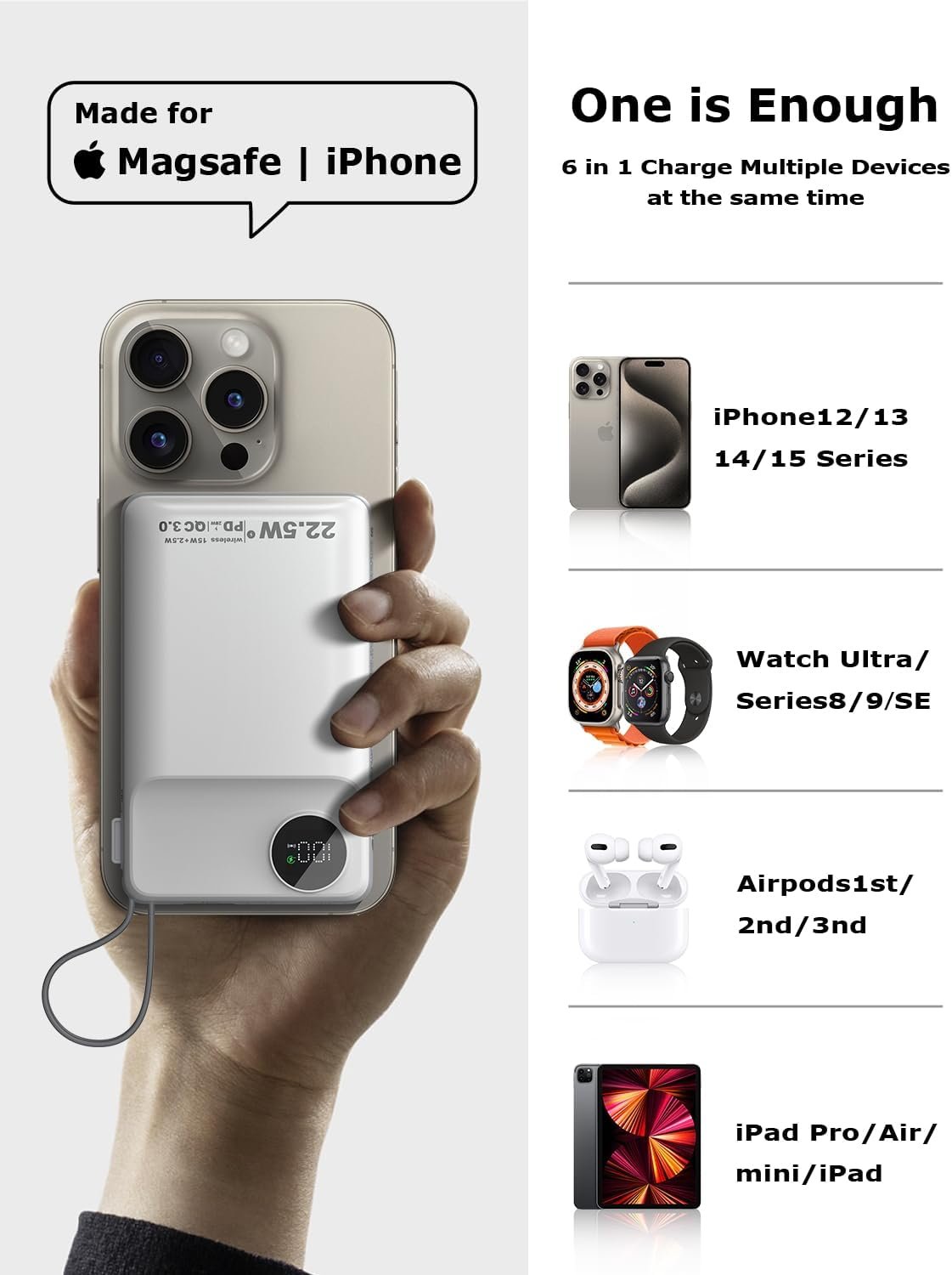 LISEN Magsafe Wireless Power Bank for iPhone 16 Icemag Power Bank, 10000mah Built-in Cable Pack Power Bank Fast Charging 22.5W Portable Charger with Apple Watch Charger Fits iPhone 16 15 14 Pro Plus - Image 4