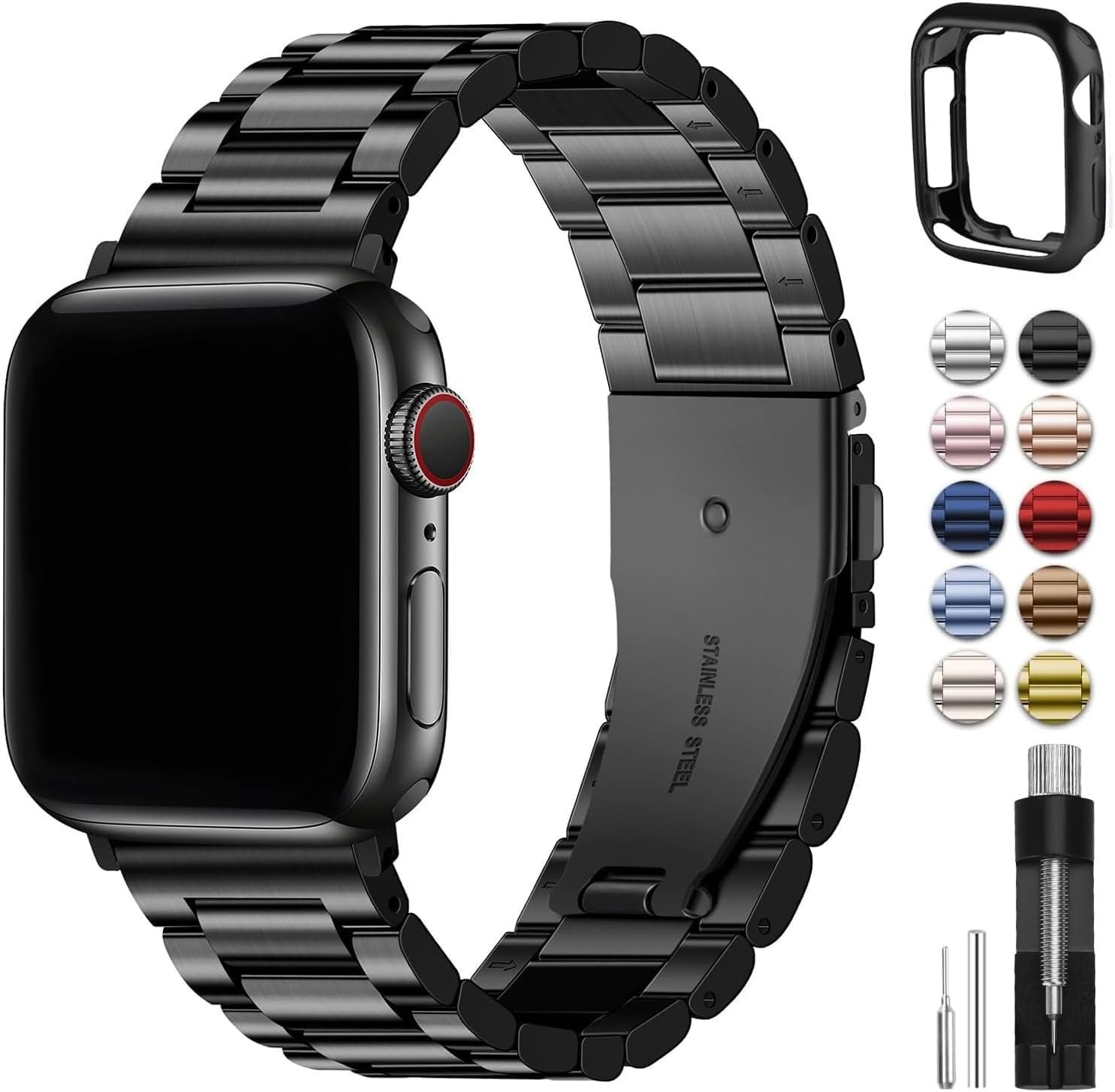 Fullmosa Compatible Apple Watch Bands 49mm 45mm 46mm 44mm 42mm 41mm 40mm 38mm, Metal iWatch Band with Case for Apple Watch Ultra Series 10 9 8 7 6 5 4 3 2 1 SE, 42mm 44mm 45mm Black - Image 2