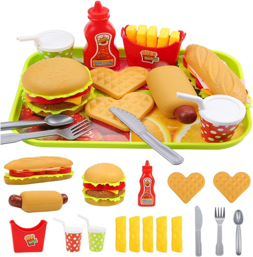 Pretend Play Fast Food Set, Play Food for Kids Kitchen - Play Kitchen Accessories - Toy Foods with Play Burger and Hot Dog Plastic Food for Pretend Play, Kids Toddler Childrens Birthday Gifts - Image 2