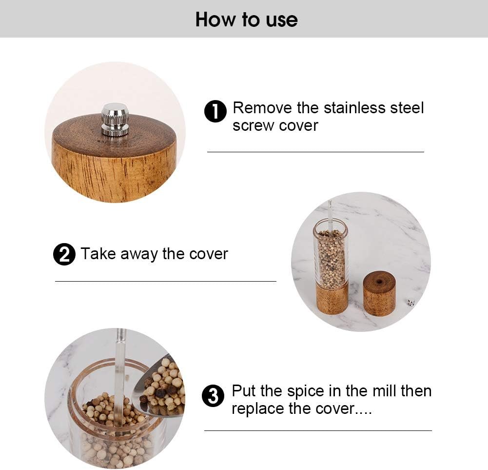Premium Acrylic Salt and Pepper Grinder Set, Manual Salt and Pepper Mills- Wooden Shakers with Adjustable Ceramic Core-Salt Grinder and Pepper Mill -8 Inches-Pack of 2 - Image 5