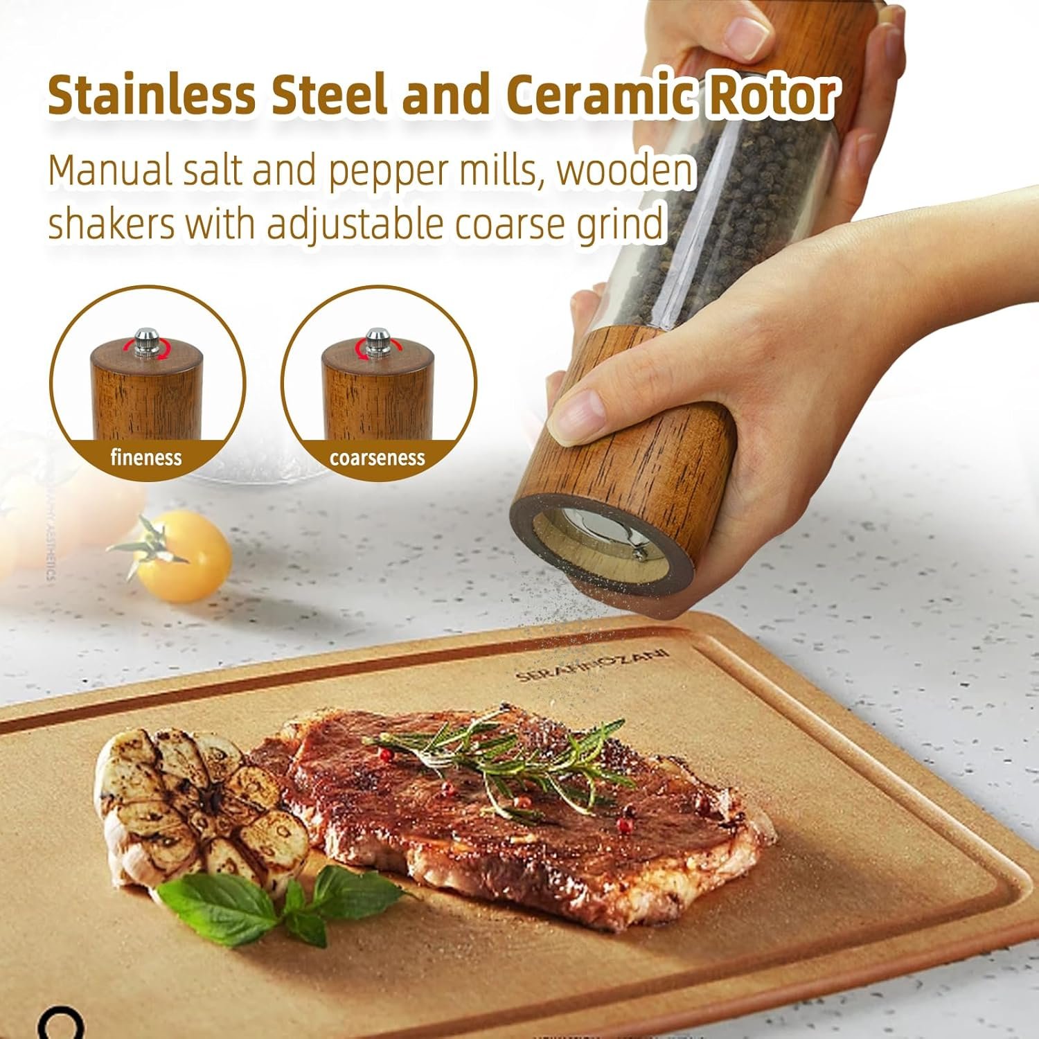 Premium Acrylic Salt and Pepper Grinder Set, Manual Salt and Pepper Mills- Wooden Shakers with Adjustable Ceramic Core-Salt Grinder and Pepper Mill -8 Inches-Pack of 2 - Image 6