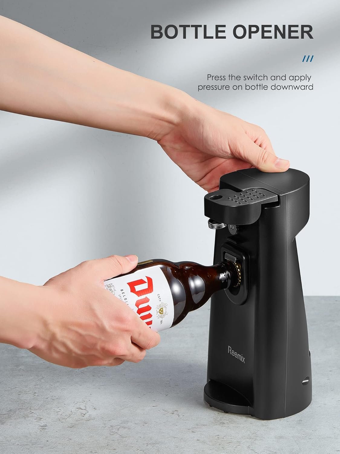 Electric Can Opener, Reemix Automatic Can Opener with Knife Sharpener and Bottle Opener 3 in 1, Easy Push Down Lever (Black) - Image 5