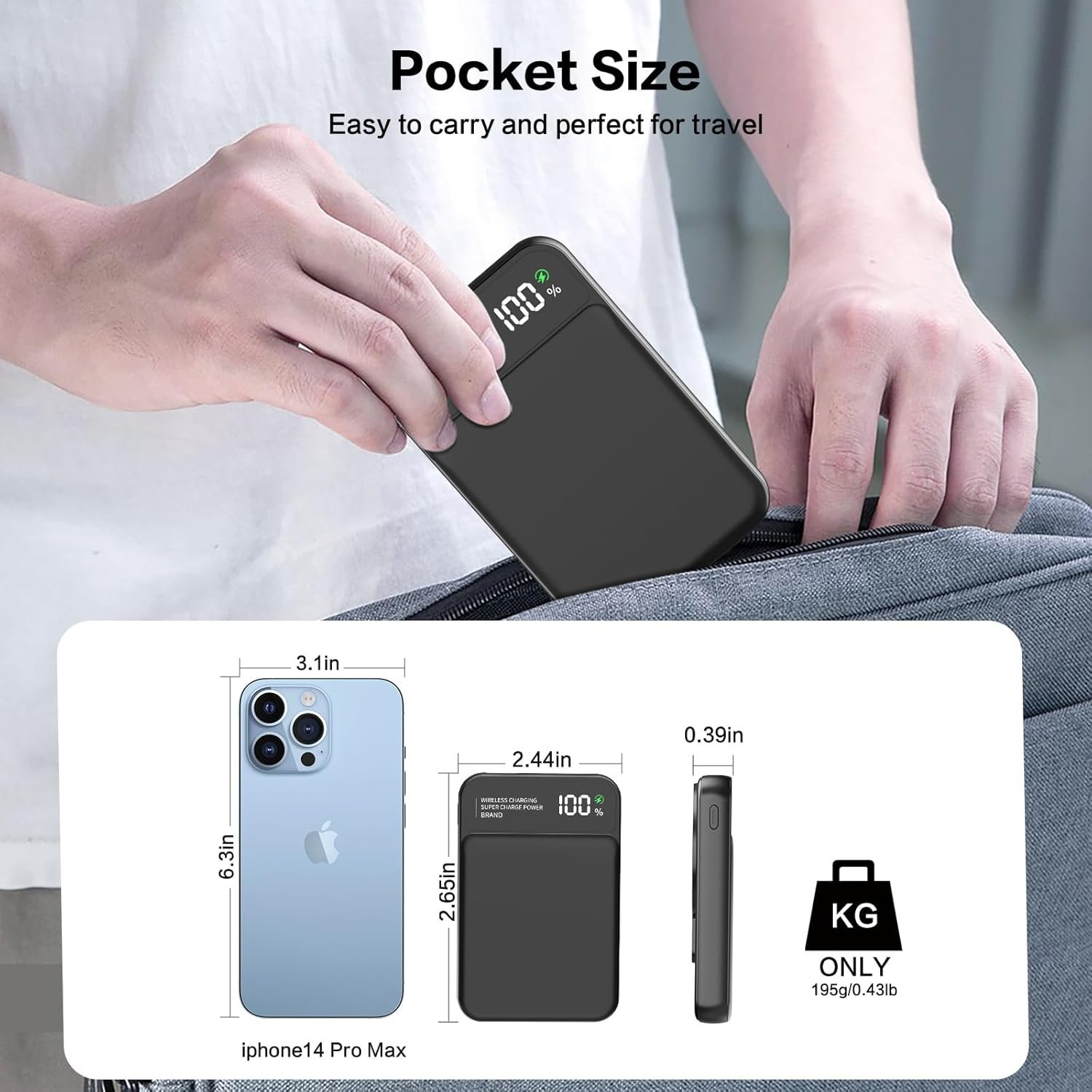 830 Magnetic Power Bank, 10000mAh Magsafe Battery Pack with PD22.5W Fast Charging, Wireless Portable Charger for iPhone 15/14/13 Series, Apple Watch Ultra 9/8/7/6/se(Black) - Image 6