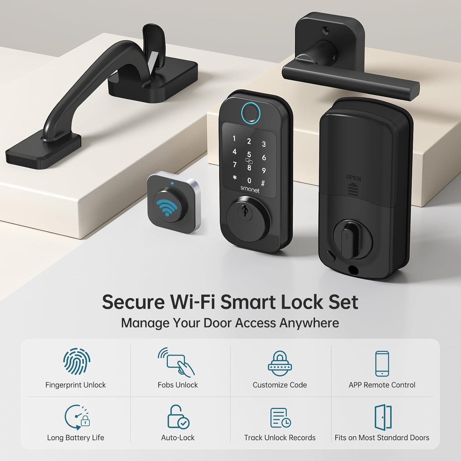 Keyless Entry Door Lock Deadbolt with Handle Set - SMONET Fingerprint WiFi Smart Locks, Digital Remote Control Keypad Bluetooth Alexa Deadbolt Lockset with Auto Lock Code Fob App Black - Image 4