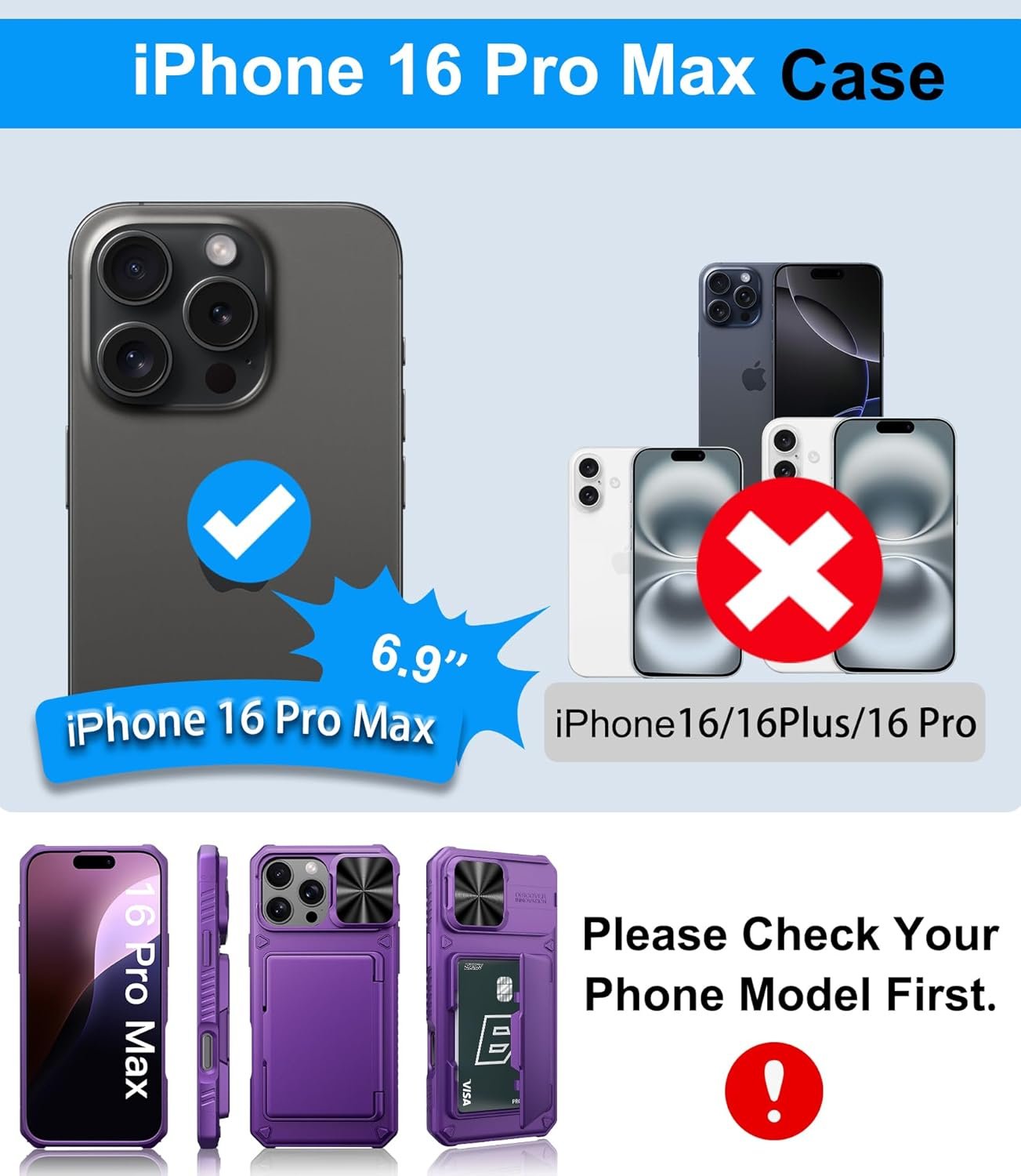 for iPhone 16 Pro Max Wallet Case with Camera Cover, Built-in Card Holder (4-5 Cards), Military Grade Protection, Heavy Duty Women Men Protective Phone Case for iPhone 16 Pro Max, Dark Purple - Image 3