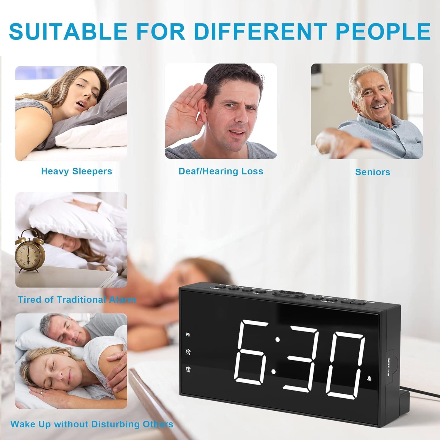 Extra Loud Dual Alarm Clock with Vibration for Bedroom,Extreme Bed Shaker Alarm Clock for Deep Sleeper Hard of Hearing Deaf,7" Clear LED Display,USB Port,Battery Backup,Easy to Set for Senior,Kids,DST - Image 8