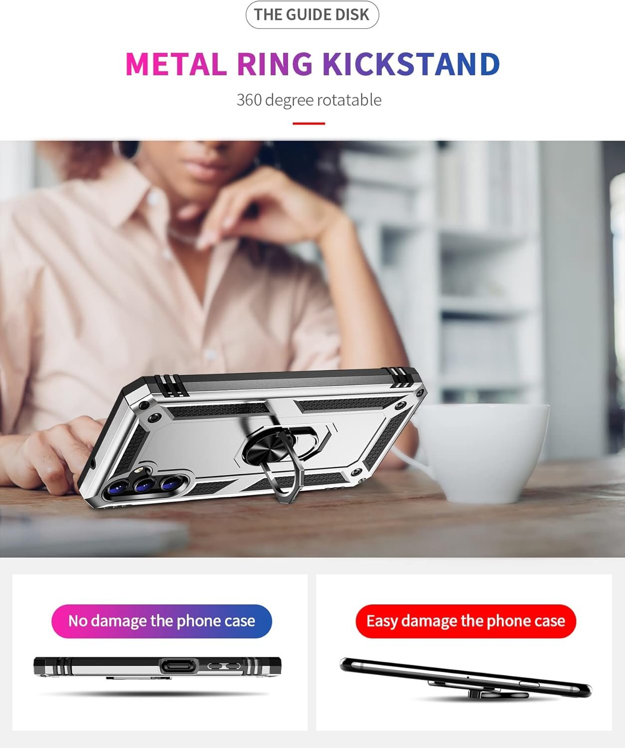 Military Grade Drop Impact for Samsung Galaxy A14 5G Case Galaxy A14 Case 360 Metal Rotating Ring Kickstand Holder Armor Heavy Duty Shockproof Case for Galaxy A14 5G Phone Case (Silver) - Image 3
