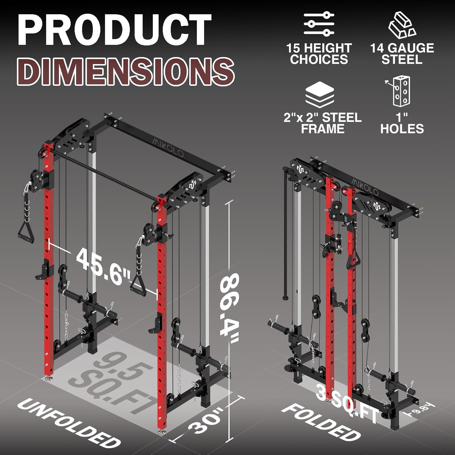 Mikolo Folding Squat Rack, Wall Mounted Power Rack with Cable Crossover Machine & LAT Pull Down, Functional Trainer with 5 Adjustable Function Modes, for Home Gym and Space Saving - Image 7