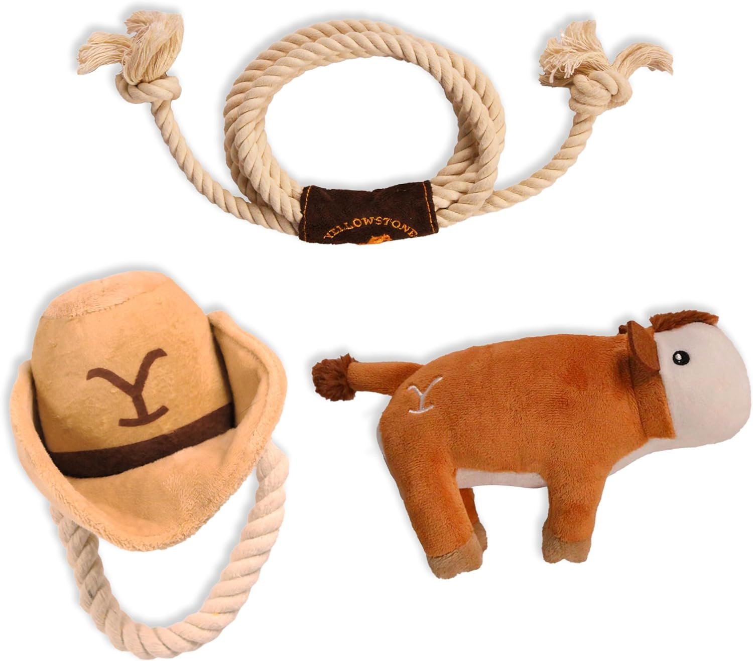 Official Yellowstone Merchandise | Indoor Dog Toy Bundle Variety Gift Set | Lasso Rope, Plush Squeaky Brown Cow, and Cowboy Hat with Tug Rope - Image 2