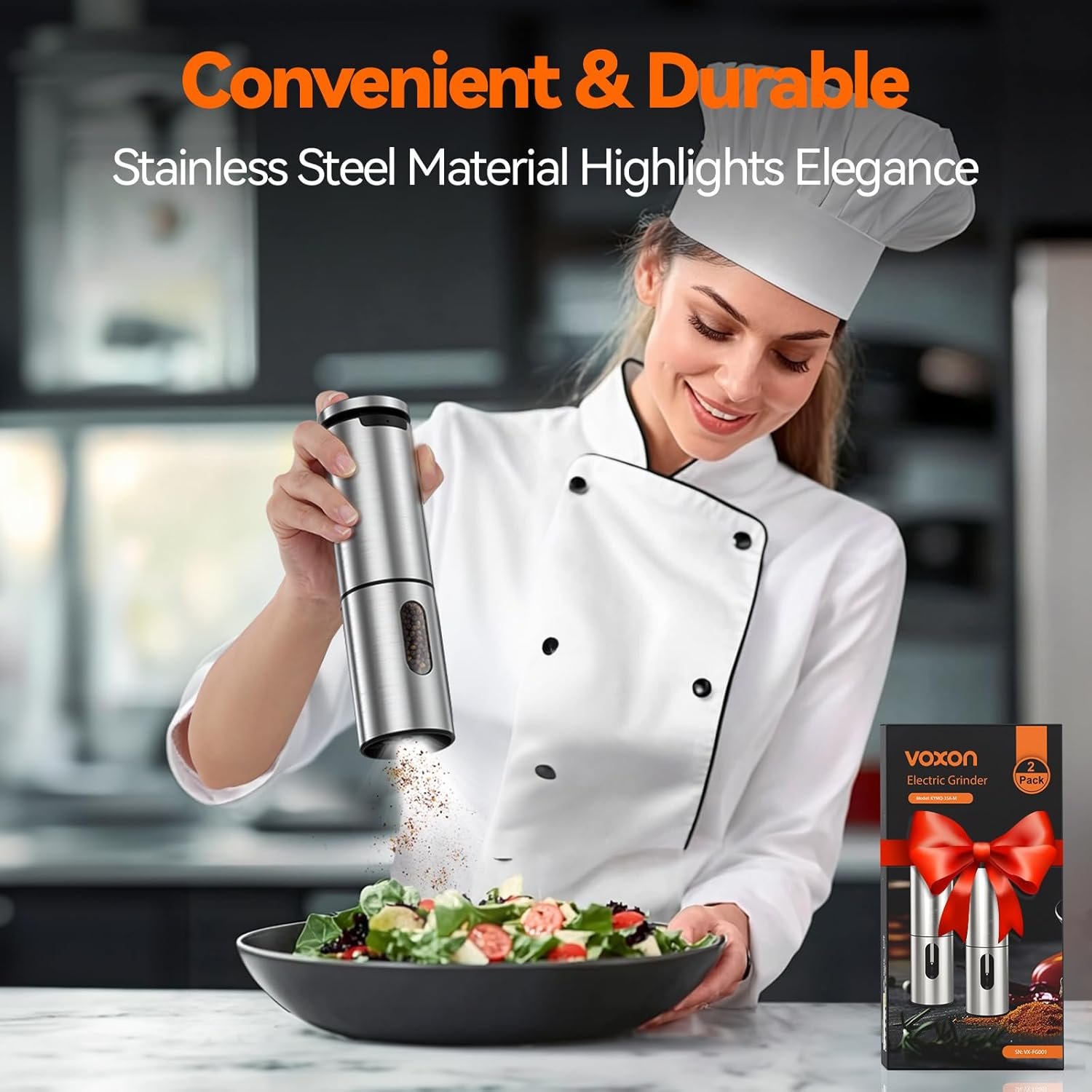 VOXON Electric Salt and Pepper Grinder Set, Food Grade Stainless Steel Mill with LED Light One Handed Operation - Image 8