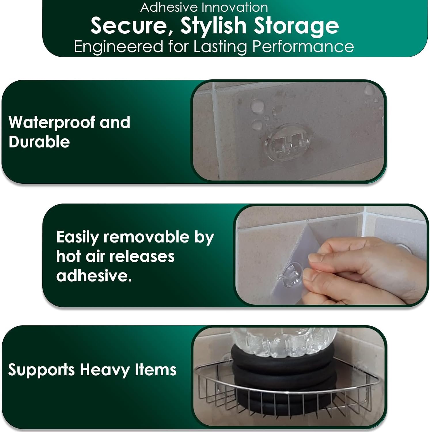 Shower Caddy Adhesive Replacement, Shower Shelf Adhesive, Shower Adhesive Strips, Adhesive Stickers Transparent 2 Flat Hooks 6 1/2" 6 Pack - Image 4