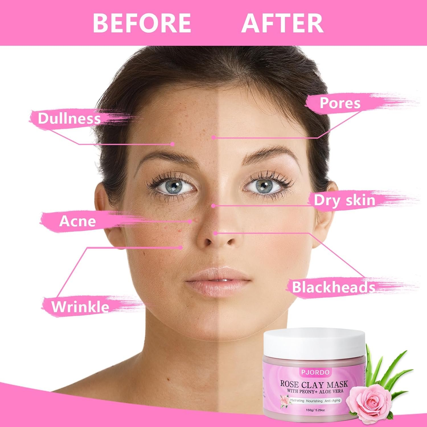 Rose Clay Mask, Skin Care Face Mask, Pink Clay Mask with Mask Brush for Deep Cleansing, Anti-Acne, Refining Pores Soothing and Brightening, Spa Facial Mask Gifts for Women - Image 5