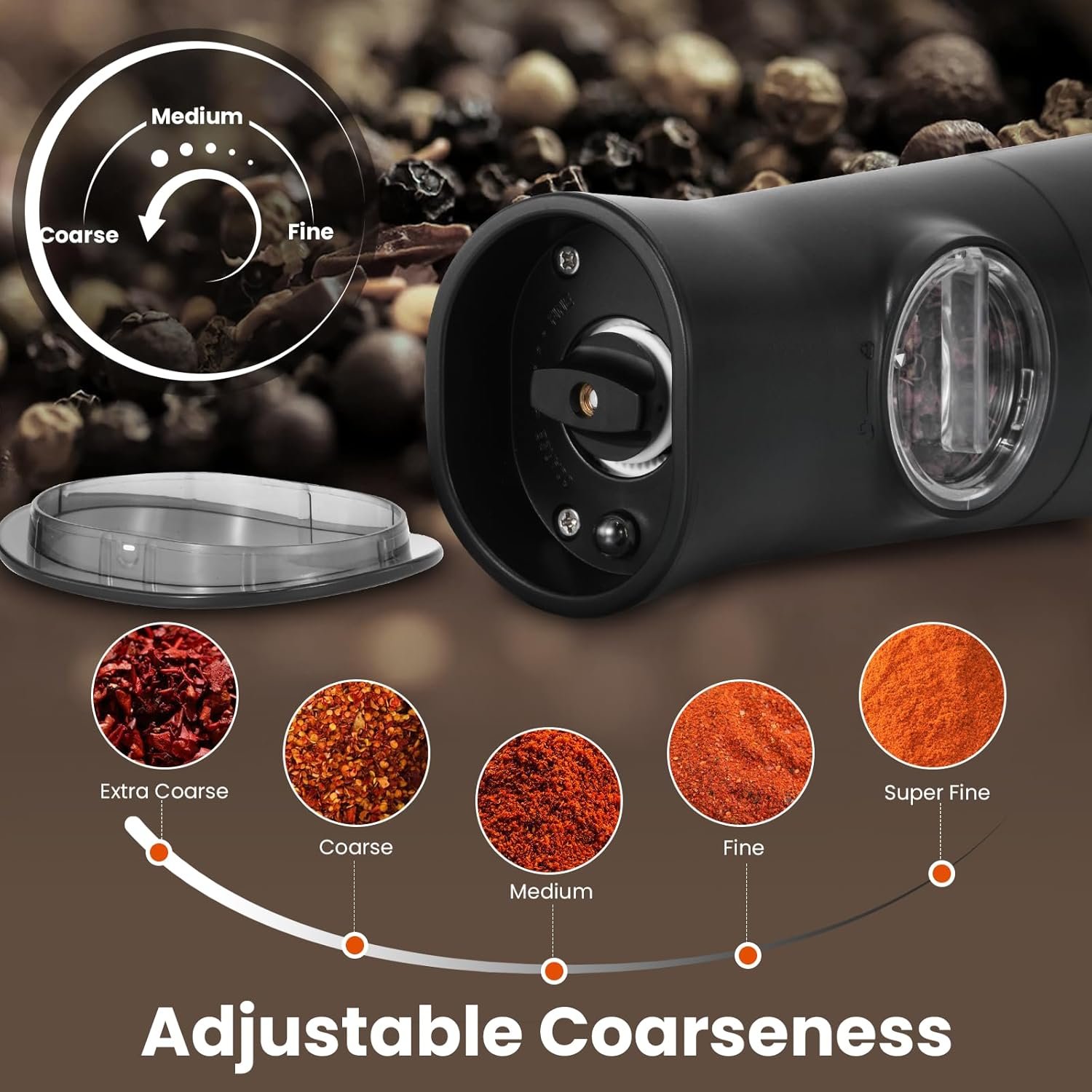 AORESAC Gravity Electric Salt and Pepper Grinder Set, Rechargeable Automatic Salt & Pepper Mill Grinder with Adjustable Coarseness, One Hand Operation, LED Light, Dustproof Cover, 2 Pack - Image 5