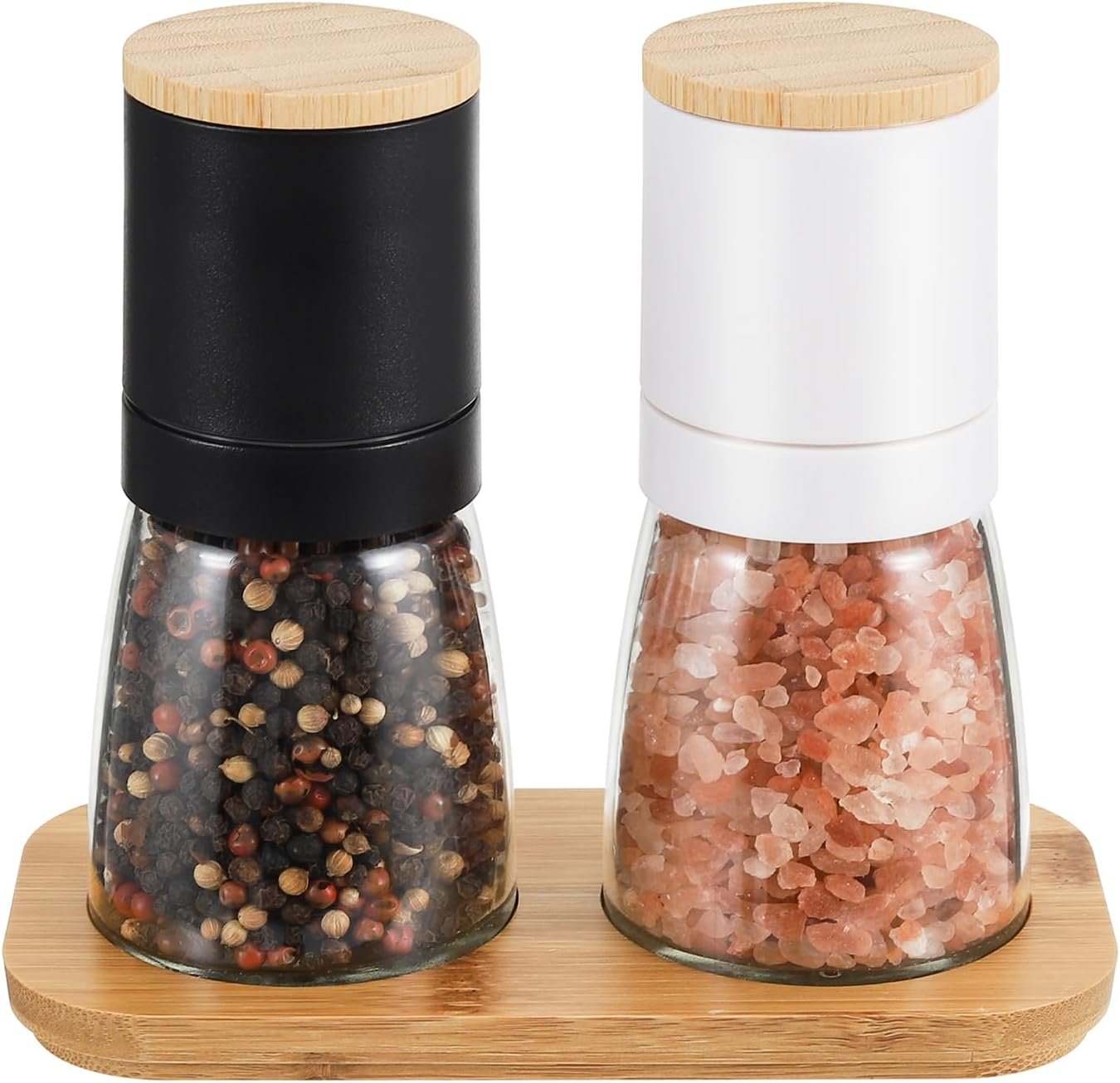 VUCCHINI Salt and Black Pepper Grinder Set - Bamboo Lid and Wood Stand Refillable Sea Salt Grinder Shaker Mills (black and white) - Image 2