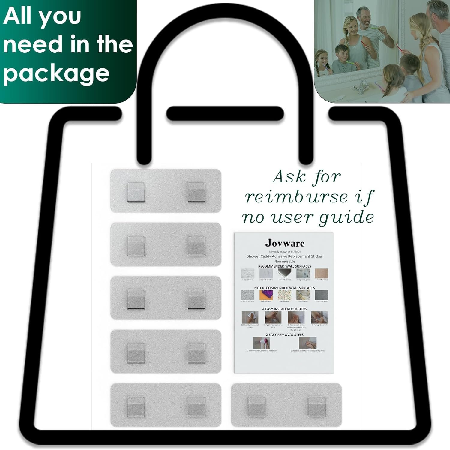 Shower Caddy Adhesive Replacement, Shower Shelf Adhesive, Shower Adhesive Strips, Adhesive Stickers Transparent 2 Flat Hooks 6 1/2" 6 Pack - Image 8