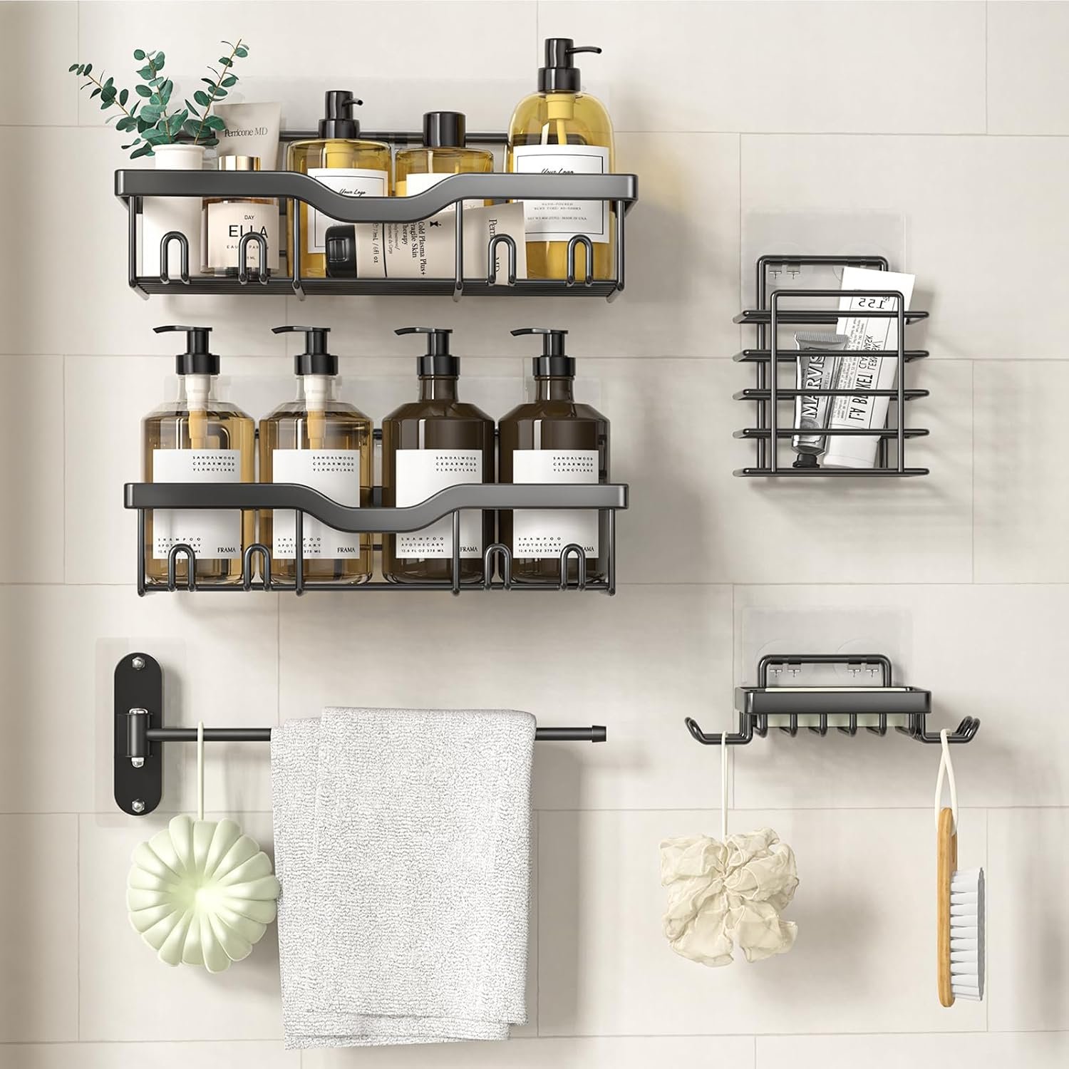 Shower Caddy Adhesive, 5 Pack Corner Bathroom Shelves Rack Rustproof Stainless Steel Bath Organizers with 12 Hooks Large Capacity, No Drilling Shelves for Storage&Home Decor&Kitchen… - Image 2