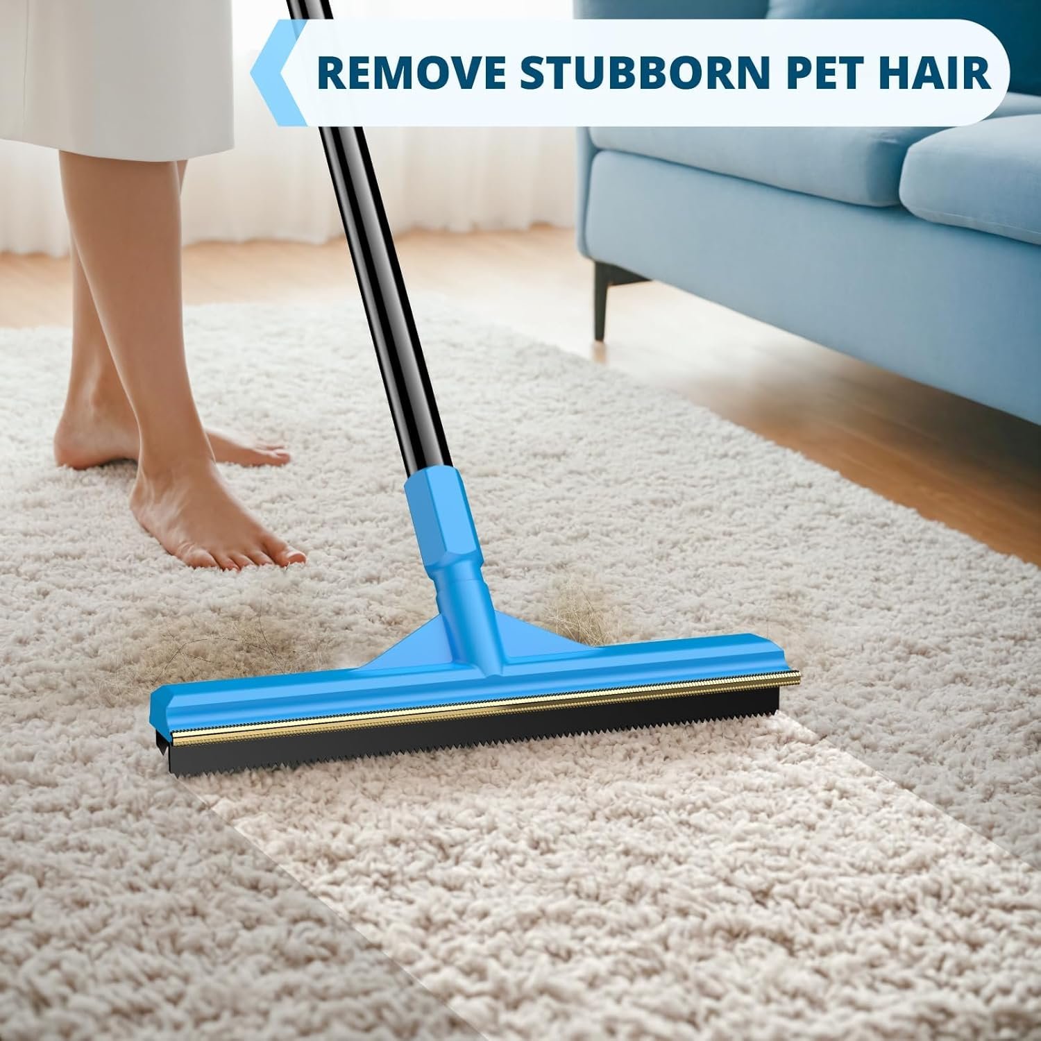 Carpet Rake for Pet Hair Removal, Reusable Cat Hair Remover with 58” Adjustable Long Handle, Dog Hair Carpet Scraper for Furnitures, Mats, Pet Hair Removal Tool and Dog Hair Remover for Couch - Image 3