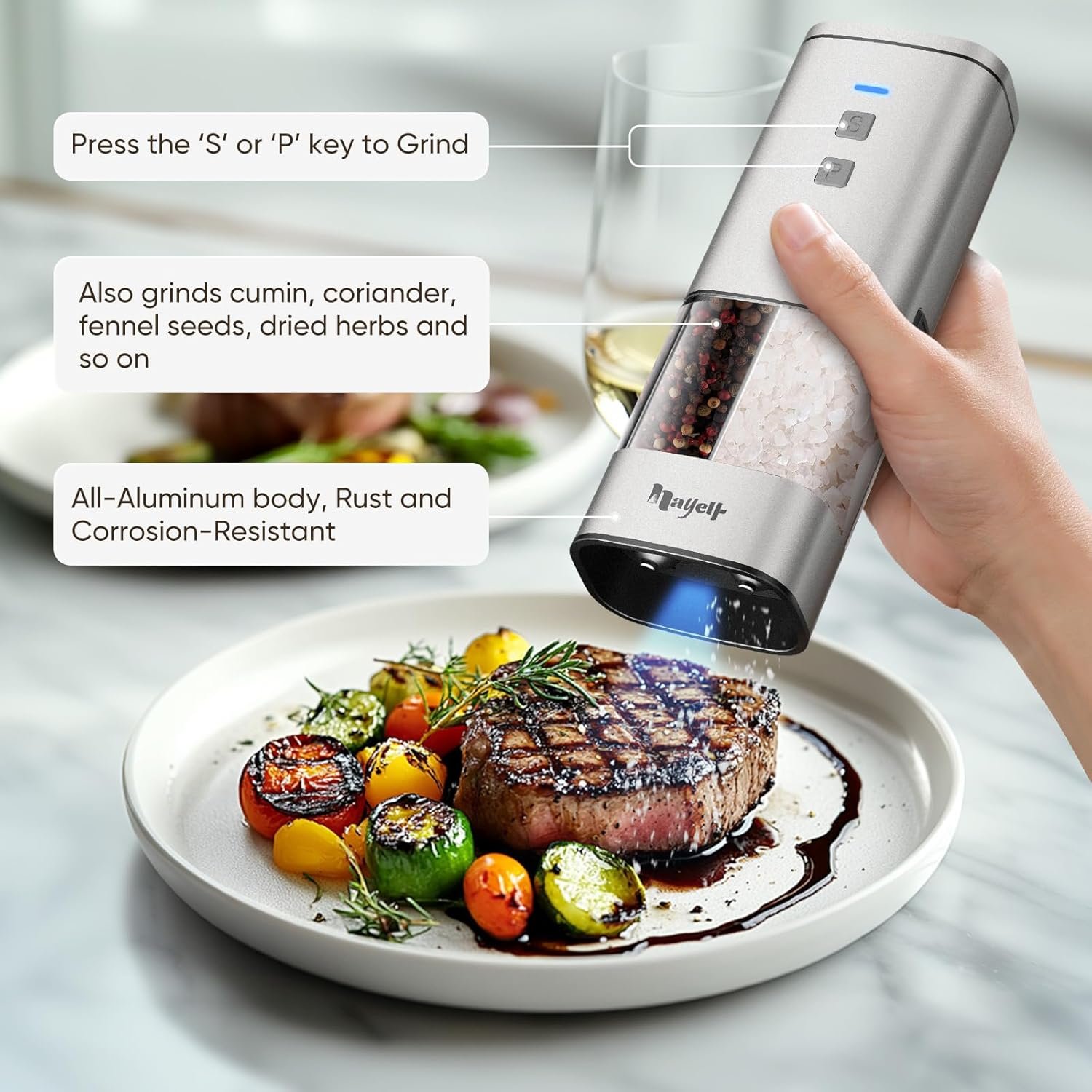 2in1 Portable Rechargeable Salt and Pepper Grinder with LED Light 5oz, Adjustable Ceramic Coarseness, Matte aluminum Finish, Top Storage Compartment, Type-C Charging, One Hand Operate, Kitchen, Travel - Image 8