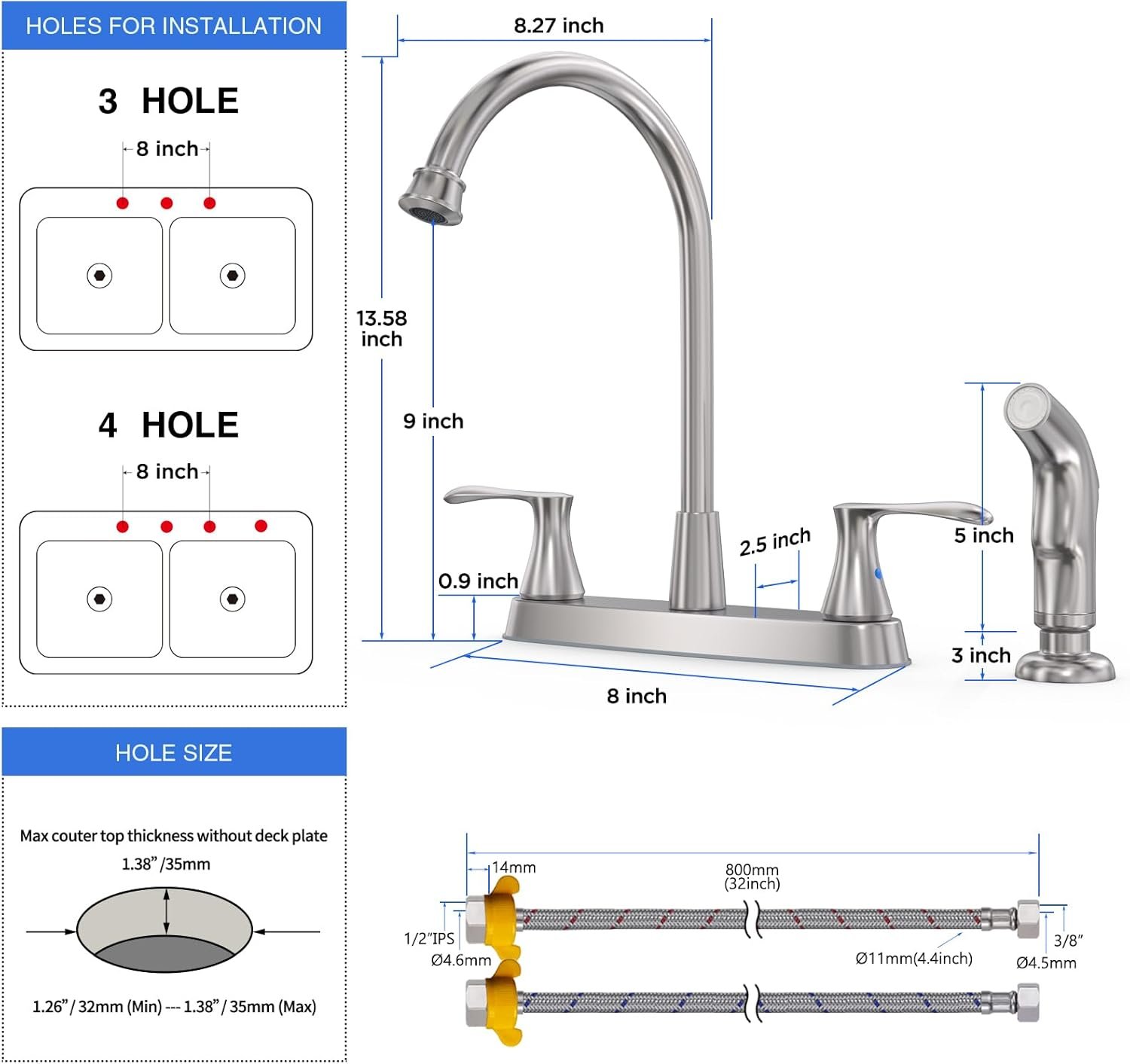 Kitchen Faucet with Sprayer, Brushed Nickel Kitchen Sink Faucet, Kitchen Faucets for Sink 3 Hole or 4 Hole,GOWIN 2 Handle Kitchen Faucet with Side Sprayer, Grifos De Cocina,Stainless Steel - Image 7