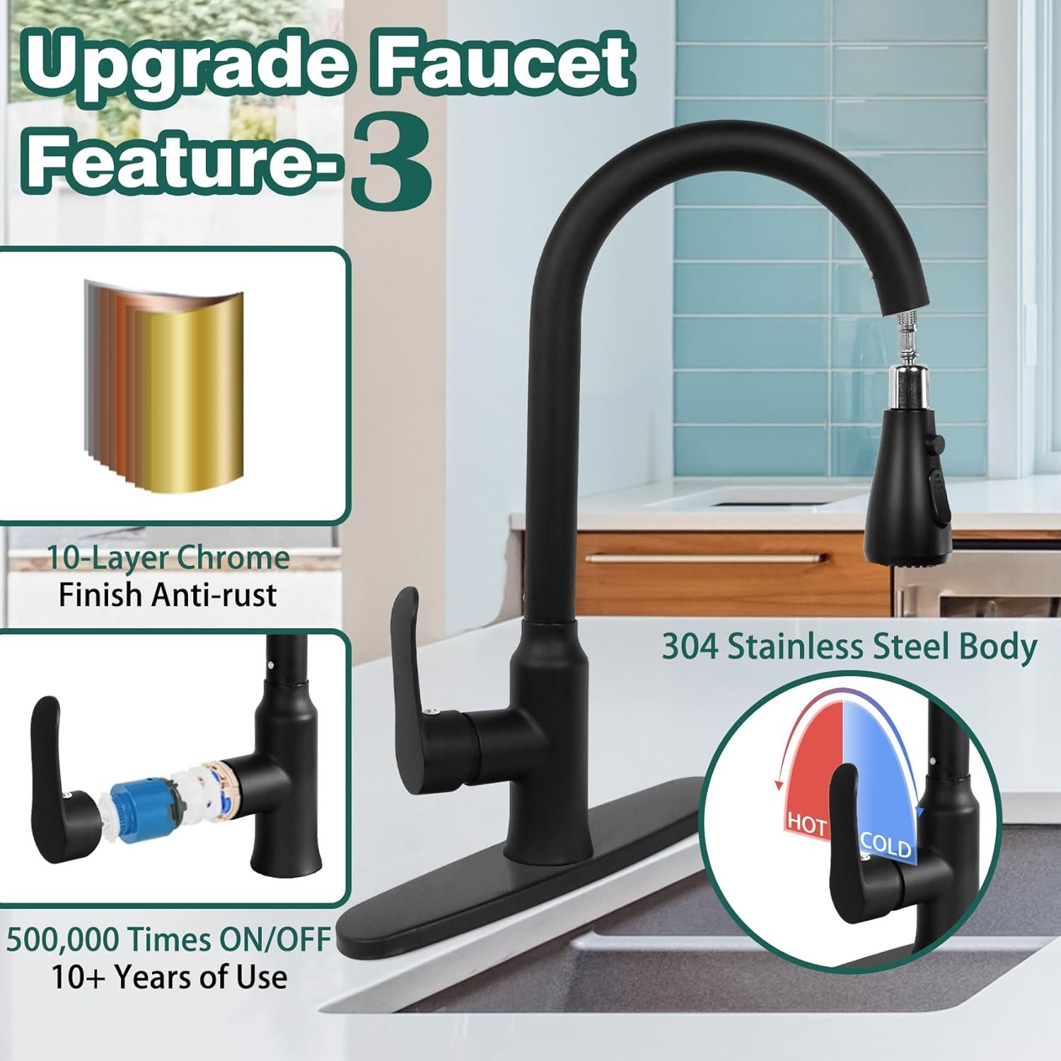 Kitchen Faucets with Pull Down Sprayer, Matte Black, Stainless Steel Kitchen Sink Faucet with High Arc Sprayer, Single Handle Commercial Kitchen Faucet for RV, Bar, Laundry - Image 5