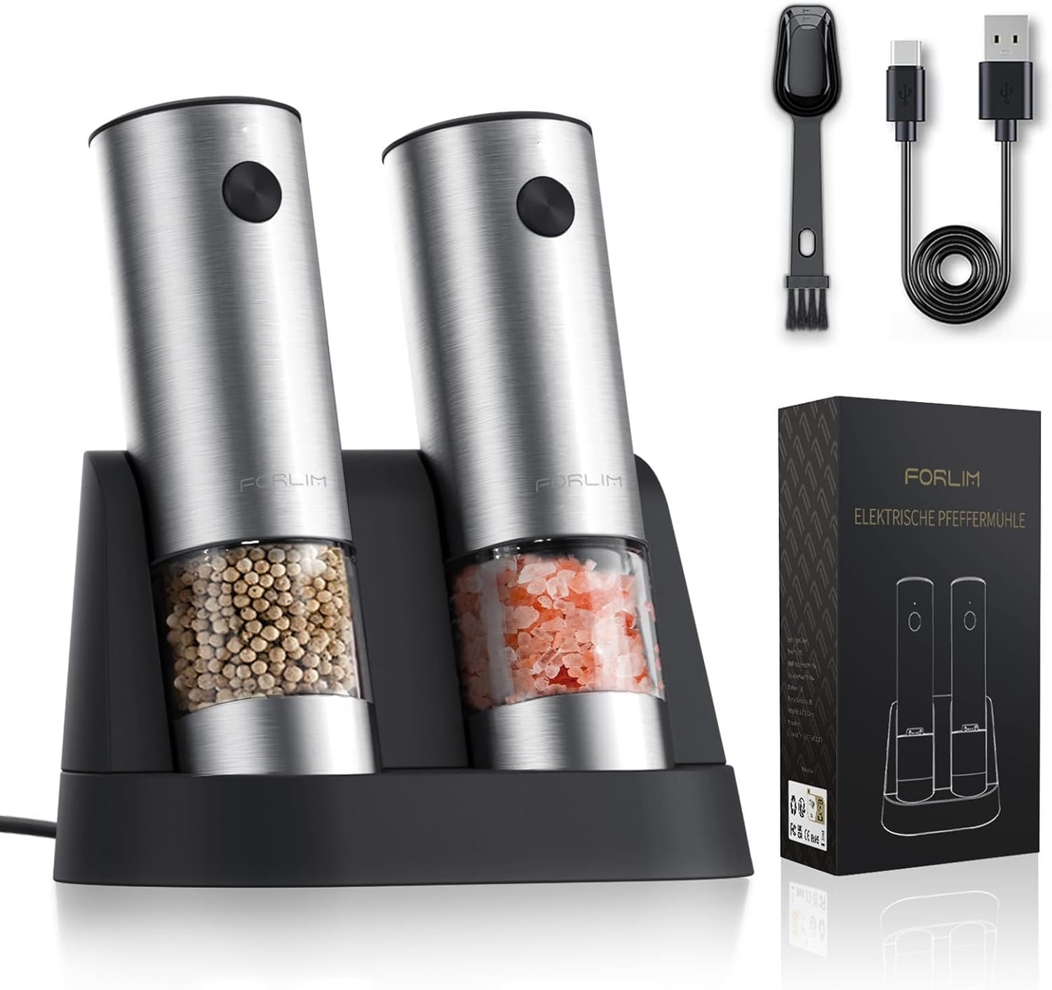 FORLIM Electric Salt and Pepper Grinder Set, USB Rechargeable Automatic Salt and Pepper Grinder Set with Upgraded Base, One Handed Operation Refillable Mill with Light, Adjustable Coarseness - 2 Mills - Image 2