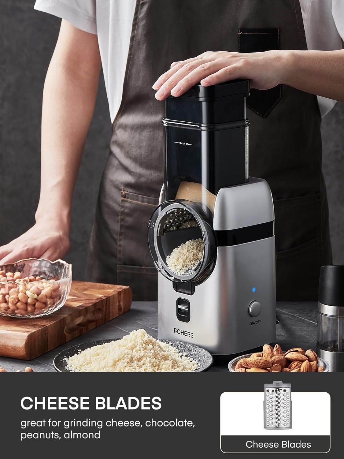 FOHERE Electric Cheese Grater, Large Feed Chute Electric Grater Vegetable Shredder with Multi Replaceable Blades and Storage Box, 5 in 1 cheese slicer for Whole Potatoes, Cheese and Nuts - Image 7