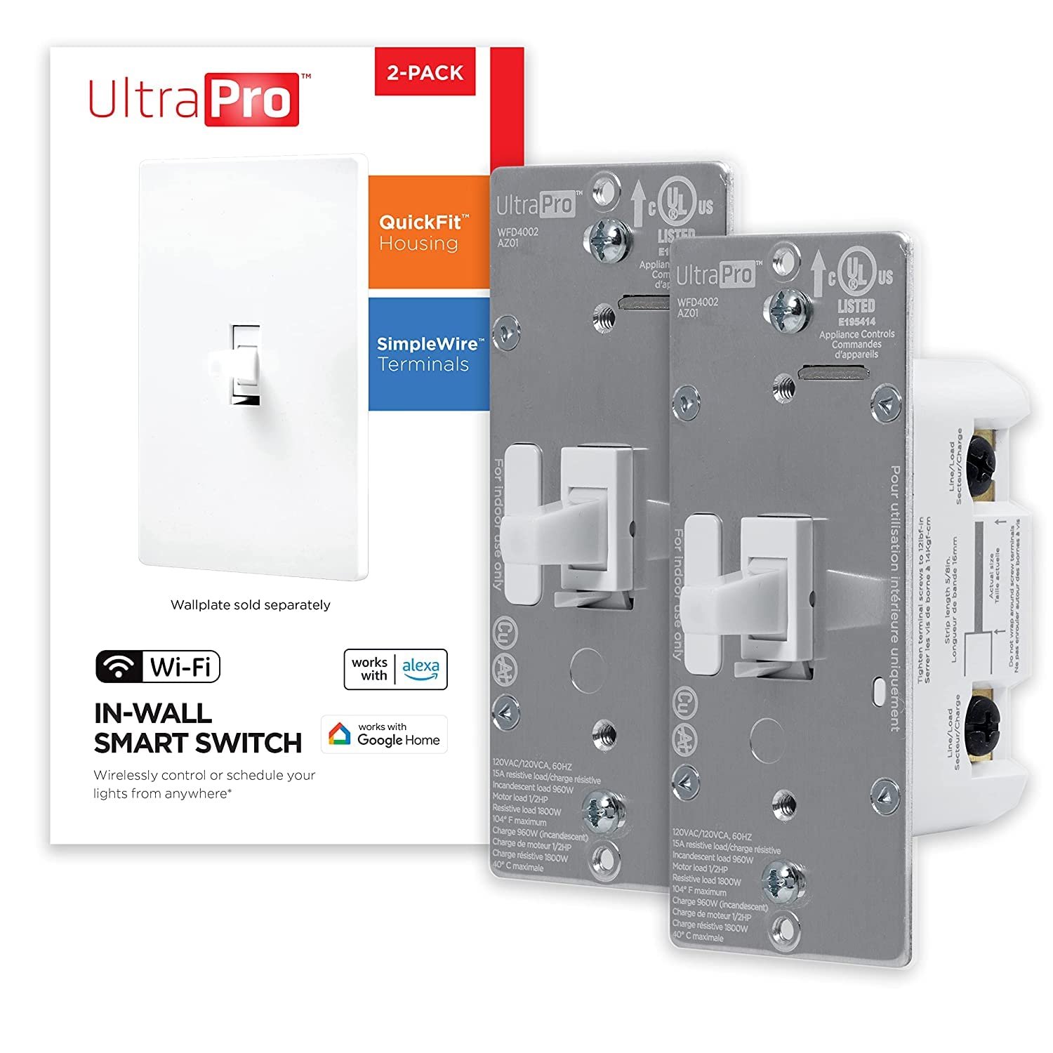 UltraPro Smart Switch, 2.4GHz Wi-Fi Smart Light Switch, QuickFit & SimpleWire, 3 Way Switch, Works with Alexa, Google Assistant, No Hub Needed, UL Certified, Needs Neutral Wire, White, 2 Pack, 51439 - Image 2