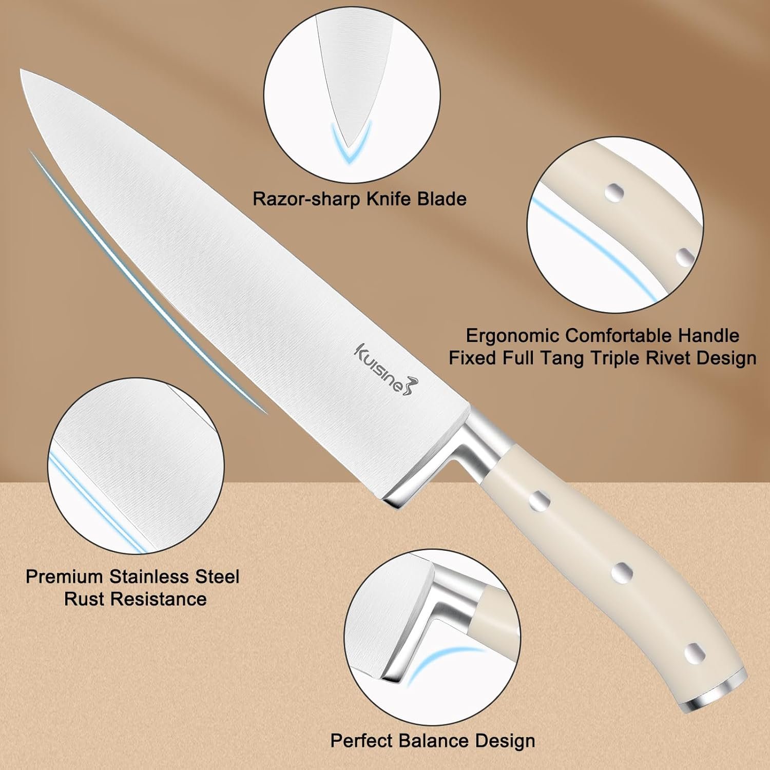 Kuisine Kitchen Chef Knife Block Set,High Carbon Stainless Steel Razor-Sharp Blade Ergonomic Handle,Knife Set Block with Built-in Sharpener,Elegant Gift(Irovy-Acacia,15pcs) - Image 6