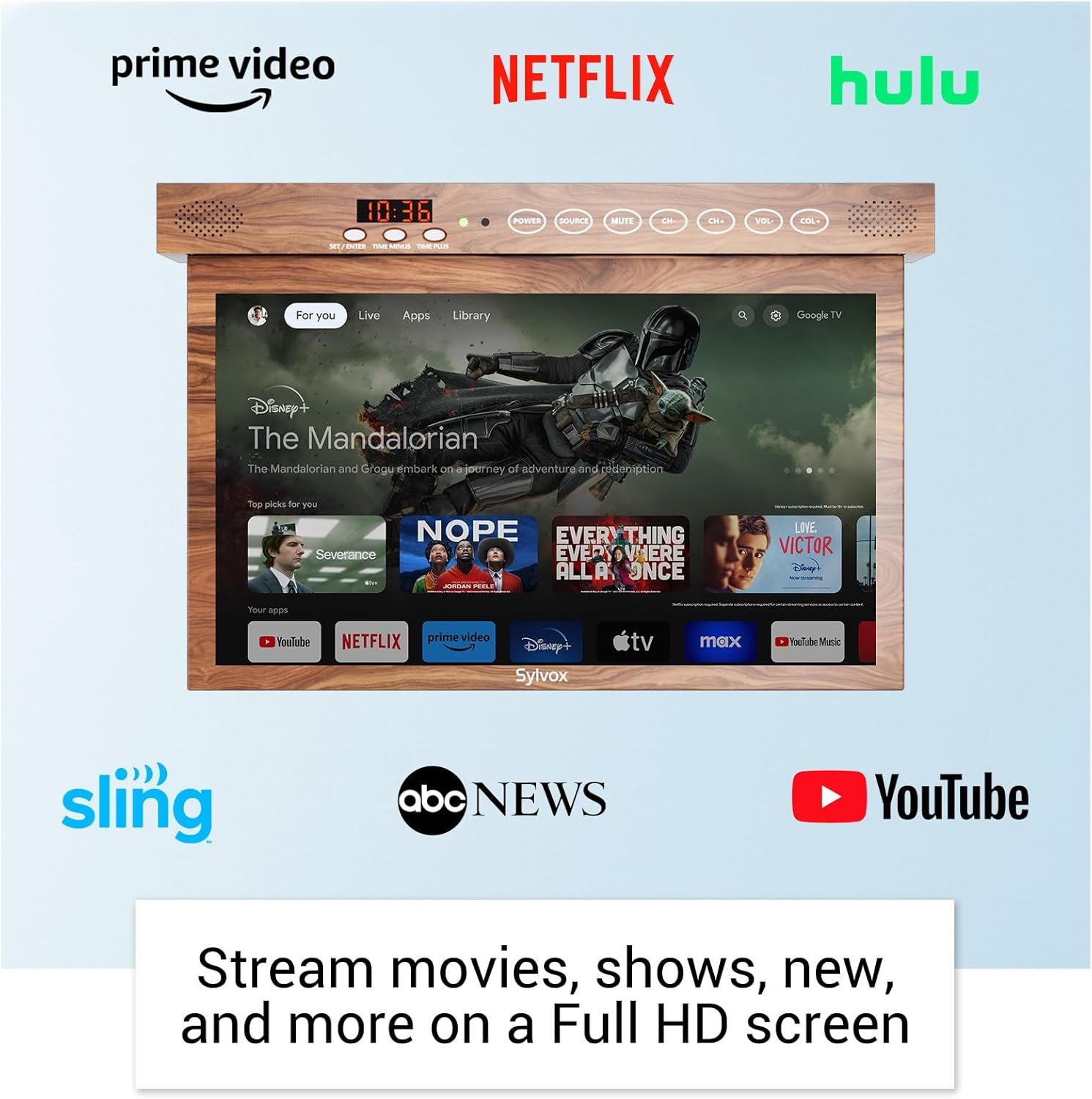 SYLVOX 15.6 inch Smart TV for Kitchen, 1080P RV TV Under Cabinet TV, Smart Android TV Rotated & Folded, Support Google Assistant WiFi Bluetooth, Small TV for Kitchen, Bedroom, RV Camper, Mahogany - Image 4
