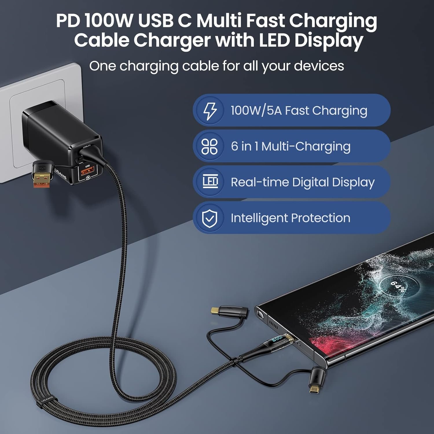 USB C to Multi Charging Cable, USAMS 100W 4FT 5A Type C to Type C Fast Charger Charging Cord with LED Display 5-in-1 C/A to C/Micro/IP Sync Charger Adapter Compatible for Laptop/Tablet/Phone - Image 2