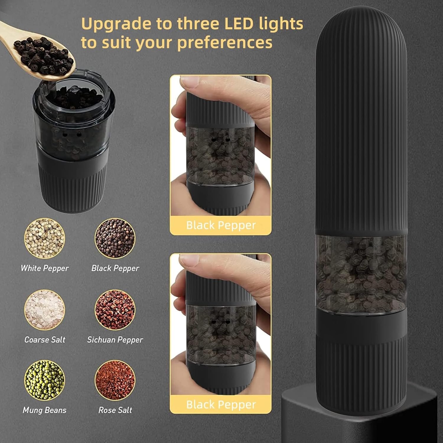 T-mark Electric Salt and Pepper Grinder Set - Battery Operated Automatic One Handed Salt Pepper Mill with LED Lights & Bottom Cap, Adjustable Coarseness - Image 6