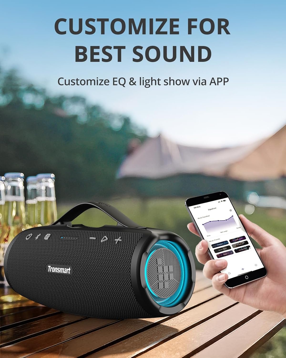 Tronsmart Mirtune S100 Portable Bluetooth Speaker, 50W Punchy Bass &Clear Treble, Retractable Handle, 20H Playtime, IPX7 Waterproof, Customize EQ, Built-in Power Bank for Outdoor, Camping,Beach(Black) - Image 7