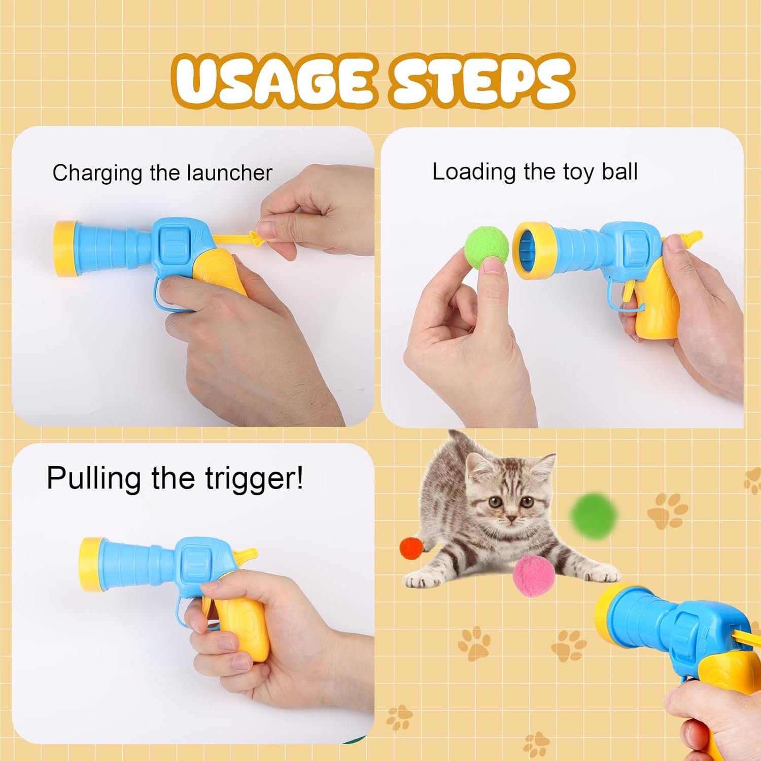 Cat Toy Balls with Launchers Set (2+100), 100 Cat Pom Pom Balls & 2 Cat Toy Ball Launchers (Durable Reinforced Edition), Cat Enrichment Toys, Interactive Cat Toy Balls, Soft & Safe Cat Toys - Image 5