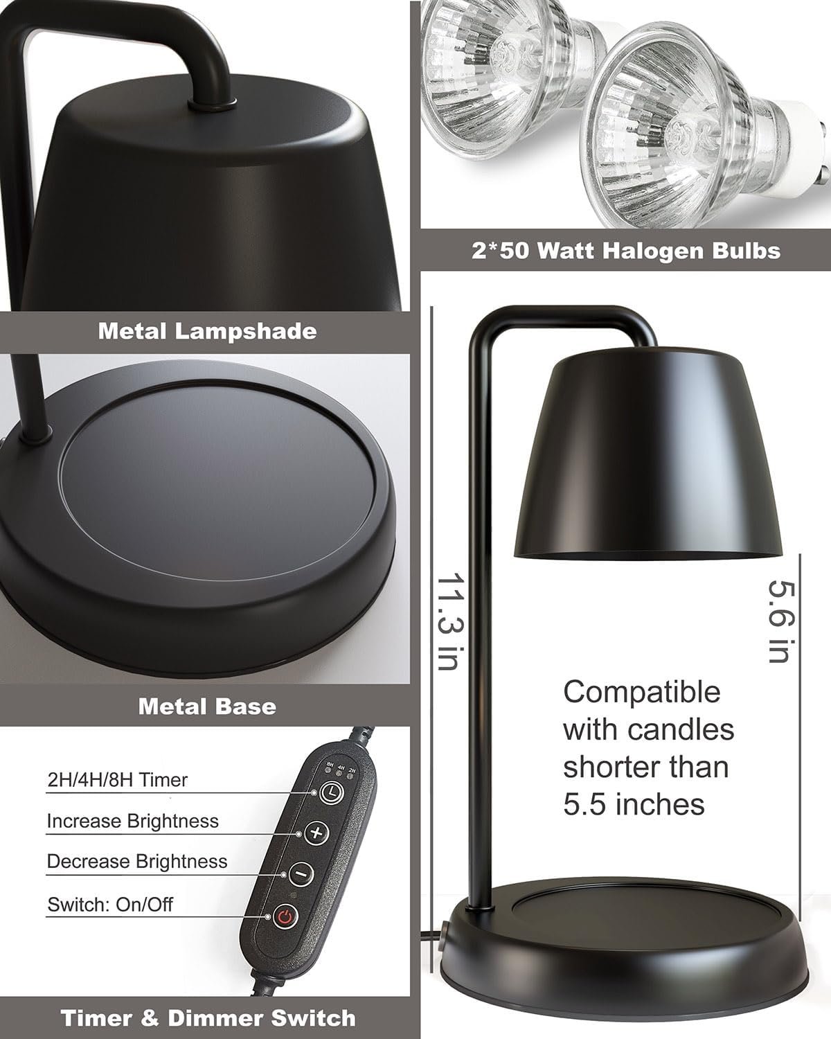 Black Candle Warmer Lamp with Timer and Dimmer for Jar Candles - Perfect Home Decor Gift for Women, Daughters, Moms - Includes 2 Bulbs - Image 6