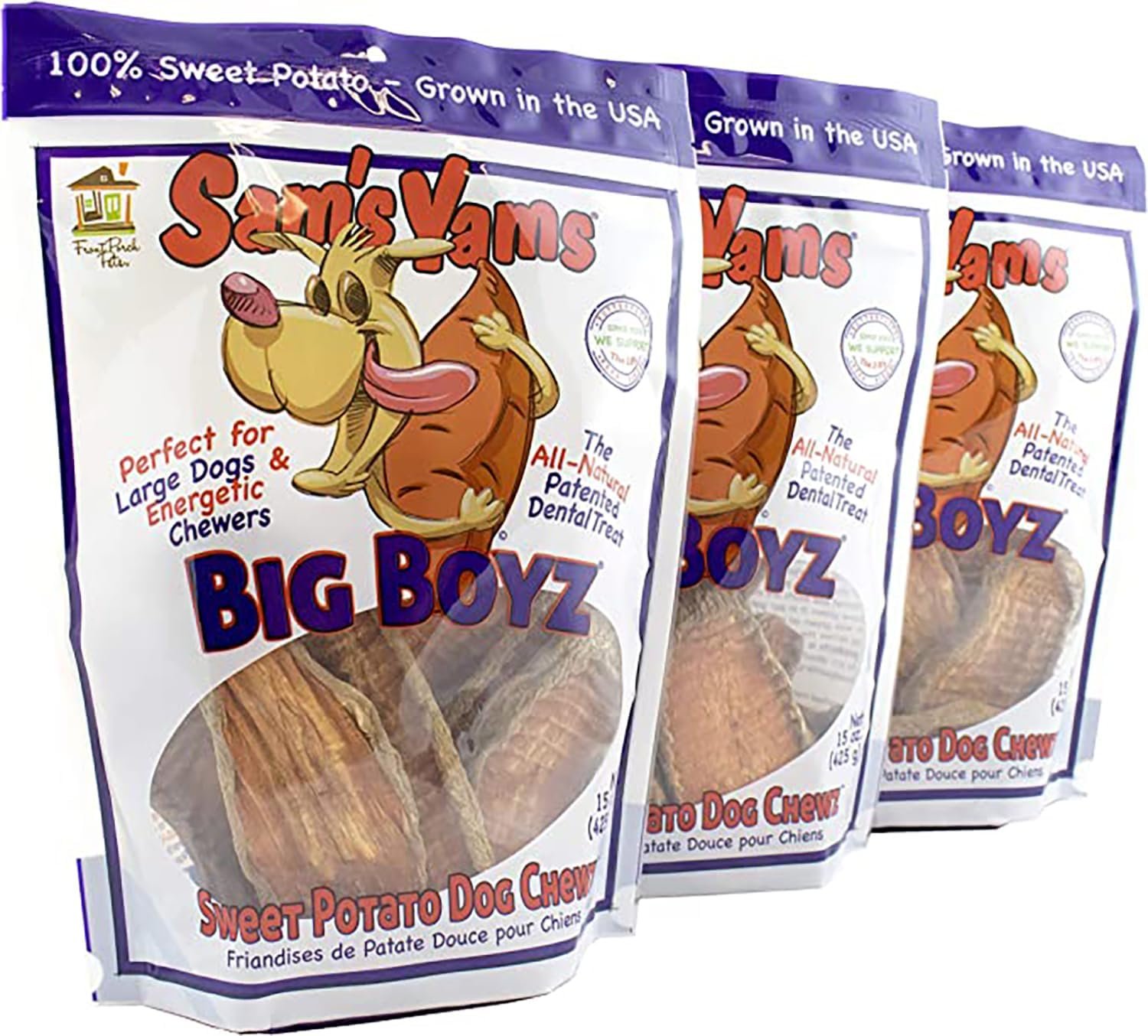 Sams Yams Sweet Potato Dog Treats, Healthy Dog Treats for Large Dogs - Sweet Potato Dog Treats Made in USA, High Fiber, Vegan Dental Chews - Big Boyz, Sweet Potato Dog Chewz, 15oz (Pack of 3) - Image 2
