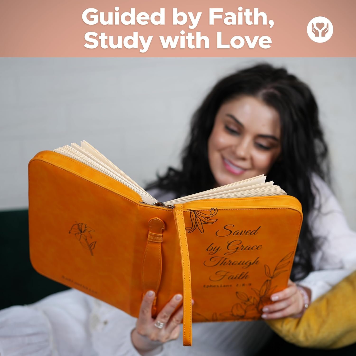Large Bible Cover Case for Women (11"x8"x2.5") PU Leather Bible Cover for Girl w/Wristlet Strap, Bible Cover for Women w/Engraved Floral Lily Design, Waterproof Bible Case for Women (Orange) - Image 7