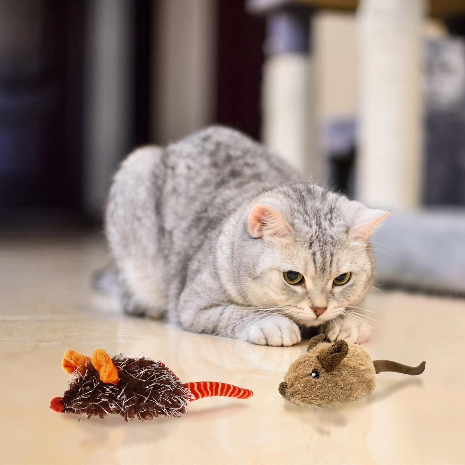 Gigwi Interactive Cat Toys for Indoor Cats, Cat Mouse Toys 2 Pcs with Electronic Realistic Squeaky Sound, Automatic Moving Kitten Toys Electric Mice Toy Self Play Exercise(Brown & Orange Ears) - Image 7