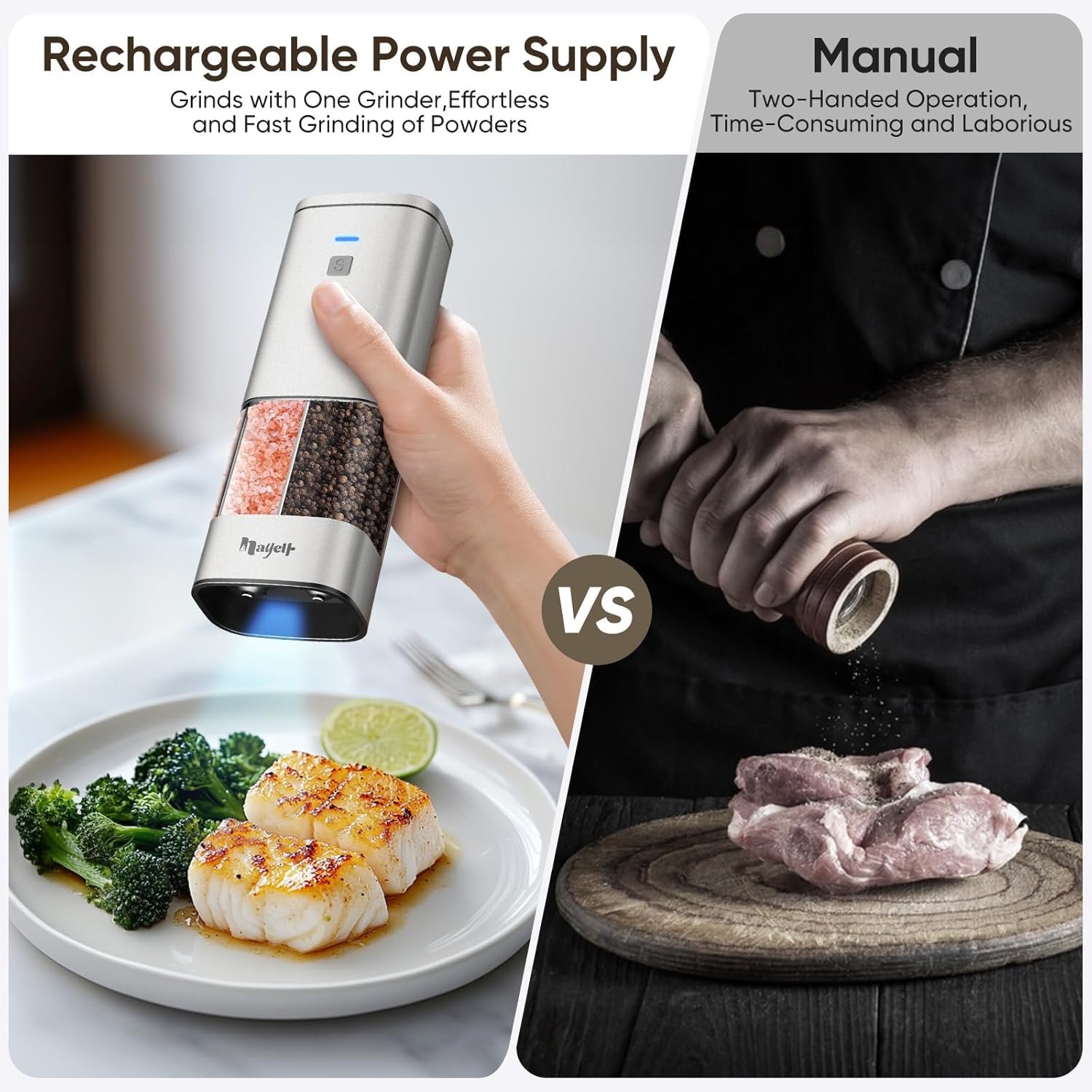 2in1 Portable Rechargeable Salt and Pepper Grinder with LED Light 5oz, Adjustable Ceramic Coarseness, Matte aluminum Finish, Top Storage Compartment, Type-C Charging, One Hand Operate, Kitchen, Travel - Image 4