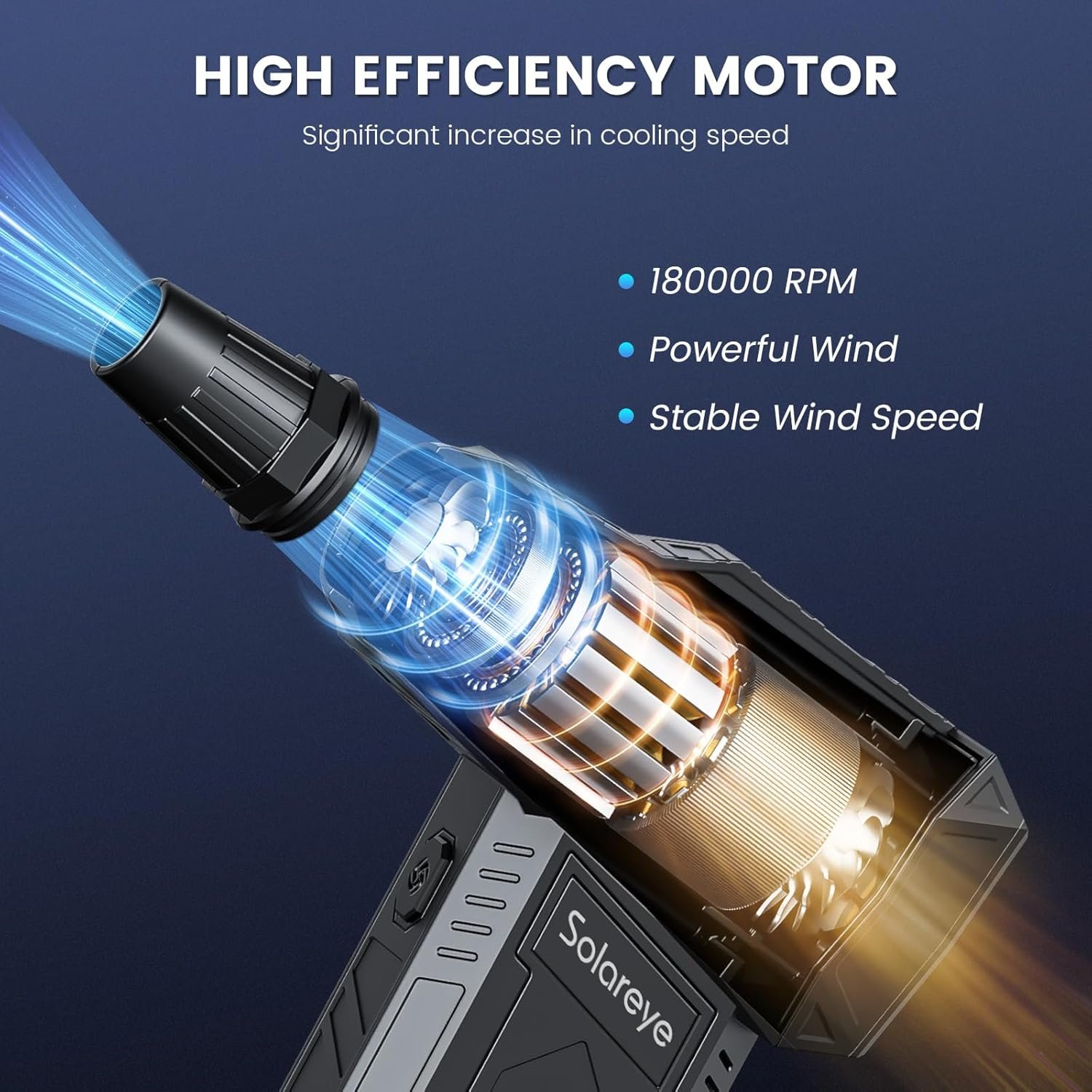 Solareye Compressed Air Duster - 180000RPM Electric Air Duster - Cordless Air Blower Rechargeable - 3 Gears Adjustable Jet Dry Blower with Brushless Motor for Cleaning Keyboard, PC, Car, Home, Outdoor - Image 3