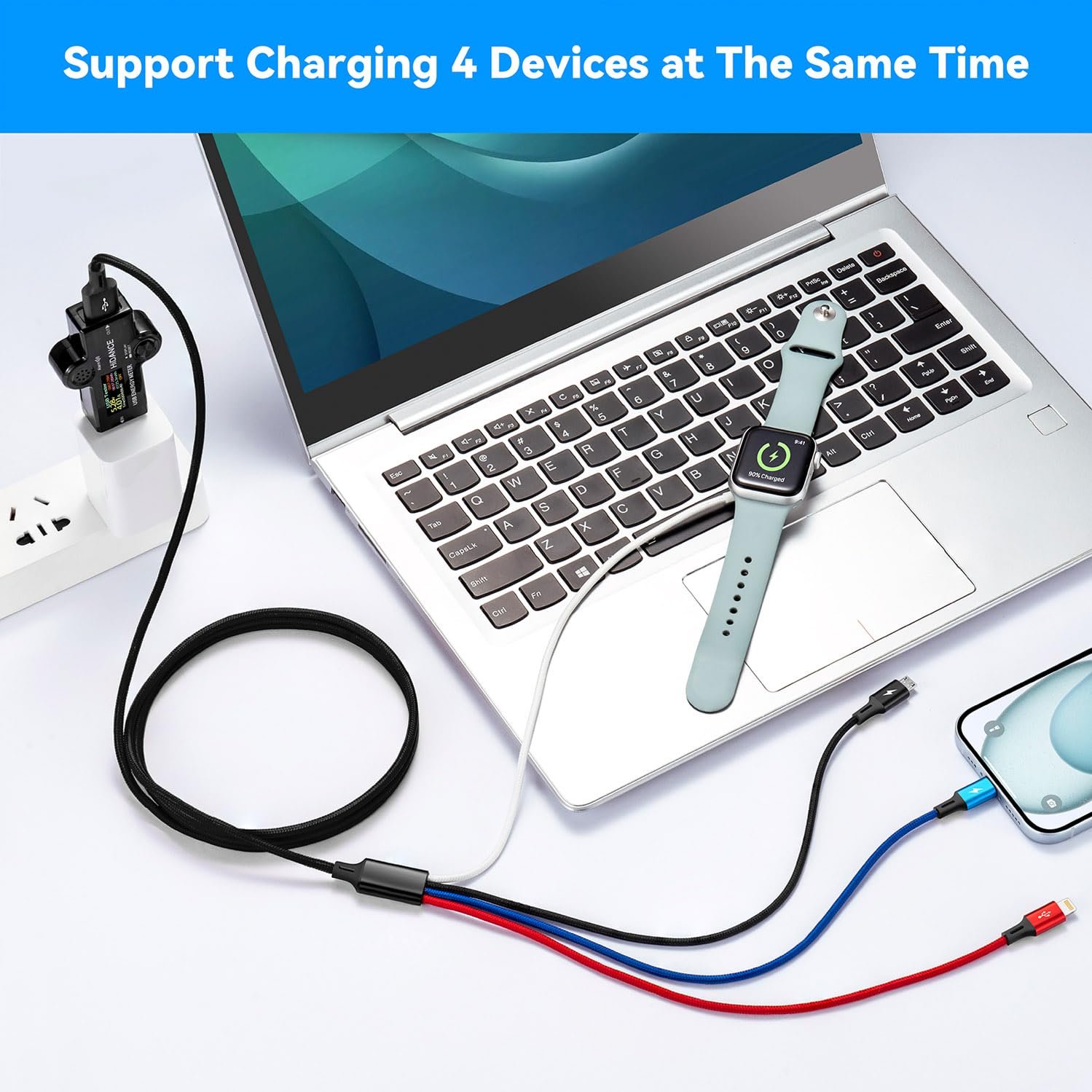 2Pack Travel Multi Charging Cable for Apple Watch Charger, Magnetic Wireless Charger, 4 in 1 Braided Multi Charger USB C/Lightning/Micro Port for iWatch Series UItra/SE/10-1/iPhone 16 15 14/Galaxy-4Ft - Image 9