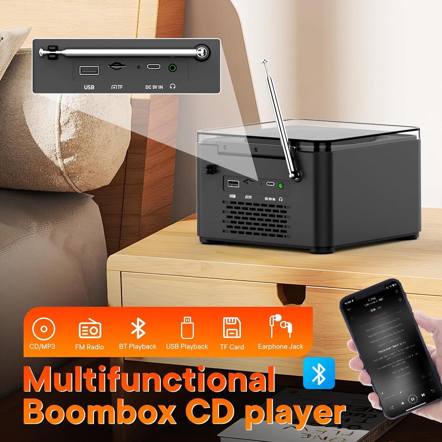 Portable CD Player with Speakers Dual,Rechargeable CD Player Bluetooth,Boombox CD Player with FM Radio,Plays CD/MP3 Disc/USB/TF,Headphone Jack,Charger Included. - Image 6