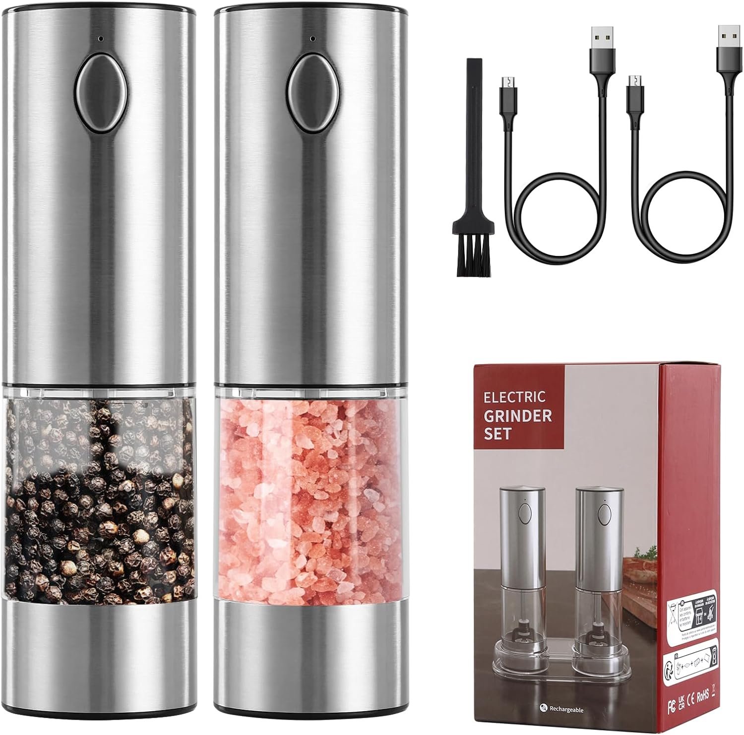 Electric Salt and Pepper Grinder Set, Stainless Steel Automatic Pepper Mill Grinder with 5 Adjustable Coarseness, One Hand Operation with LED light, Rechargeable Pepper Mill Grinder Set - Image 2