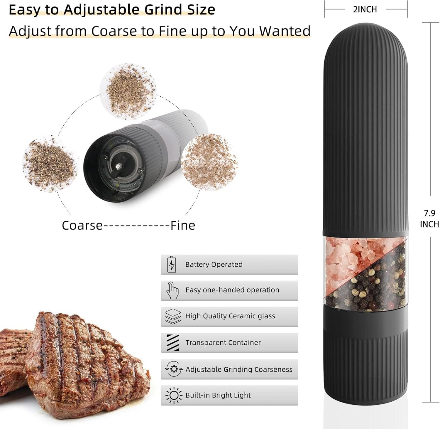 T-mark Electric Salt and Pepper Grinder Set - Battery Operated Automatic One Handed Salt Pepper Mill with LED Lights & Bottom Cap, Adjustable Coarseness - Image 3