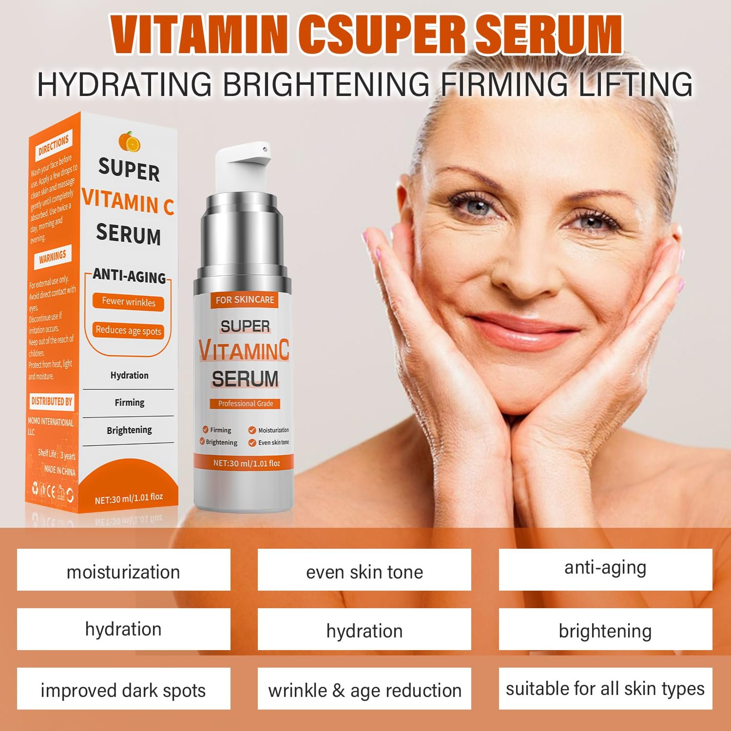 Super Vitamin C Serum for Women over 70: All-In-One Hydrating Anti-Aging Formula - Vitamin C, Hyaluronic Acid, Vitamin E, Caffeine, Hydrating, Lifting, Face Wrinkle & Age Spots Reduction - Image 4